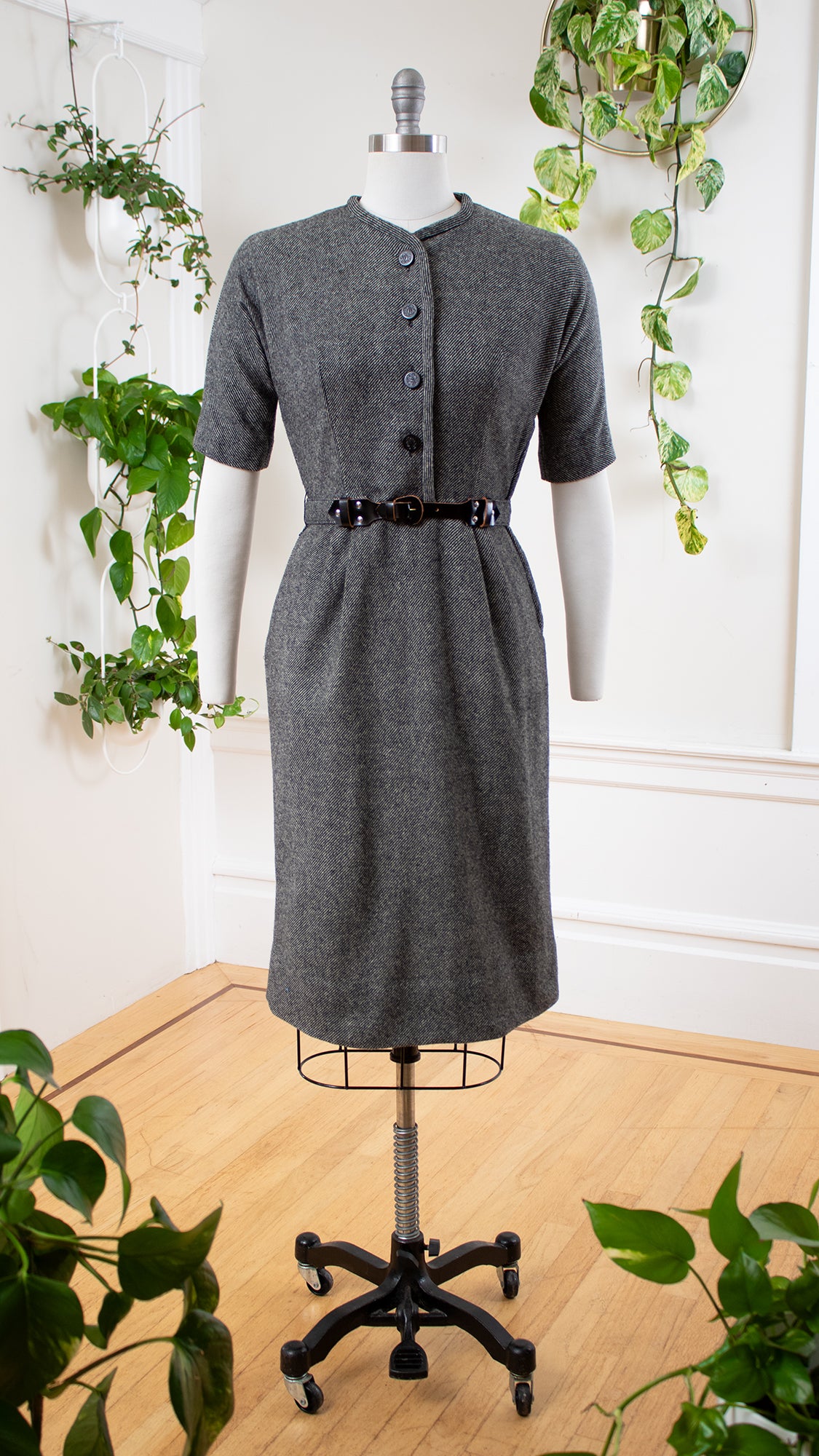 1950s Grey Wool Shirtwaist Wiggle Dress