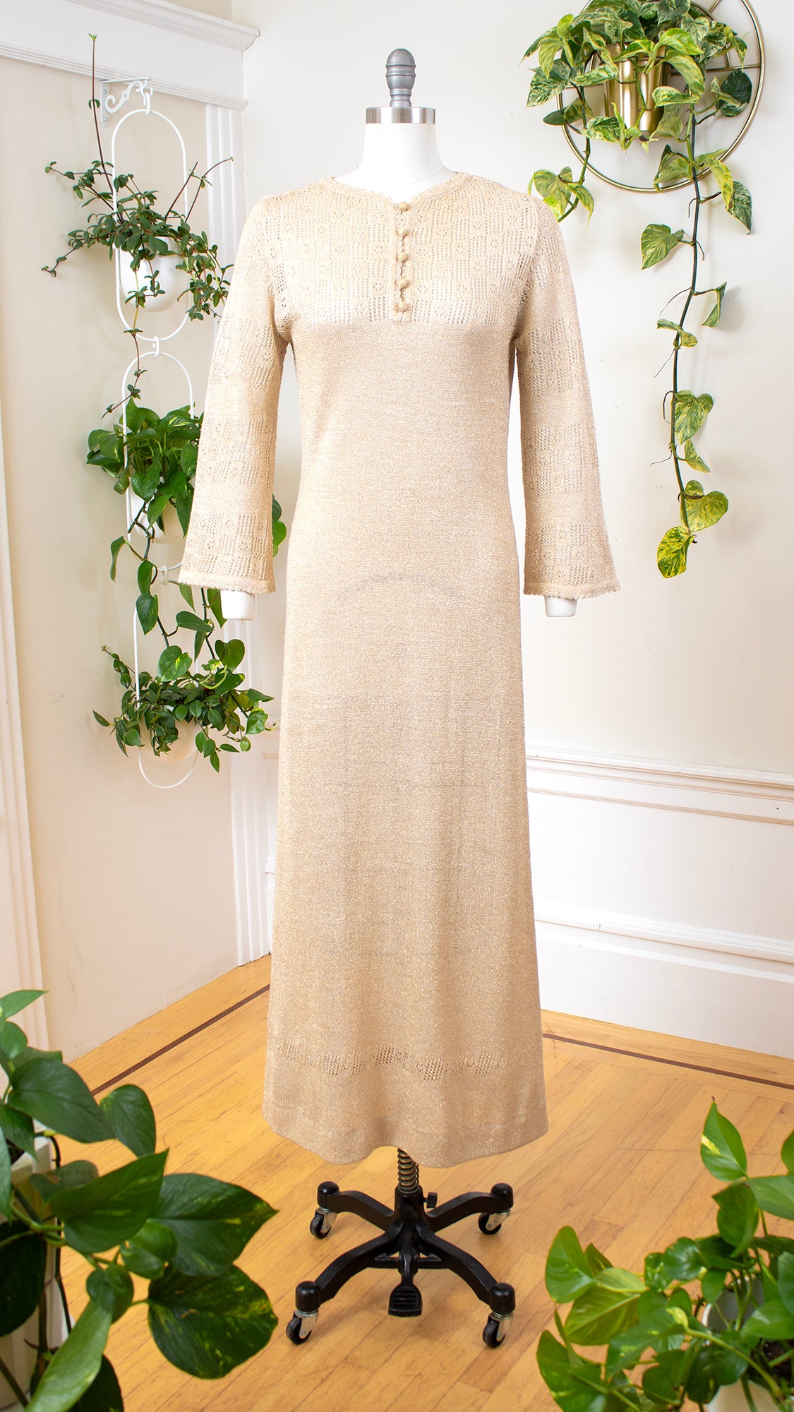 1970s ST. JOHN Metallic Gold Knit Maxi Dress | small/medium