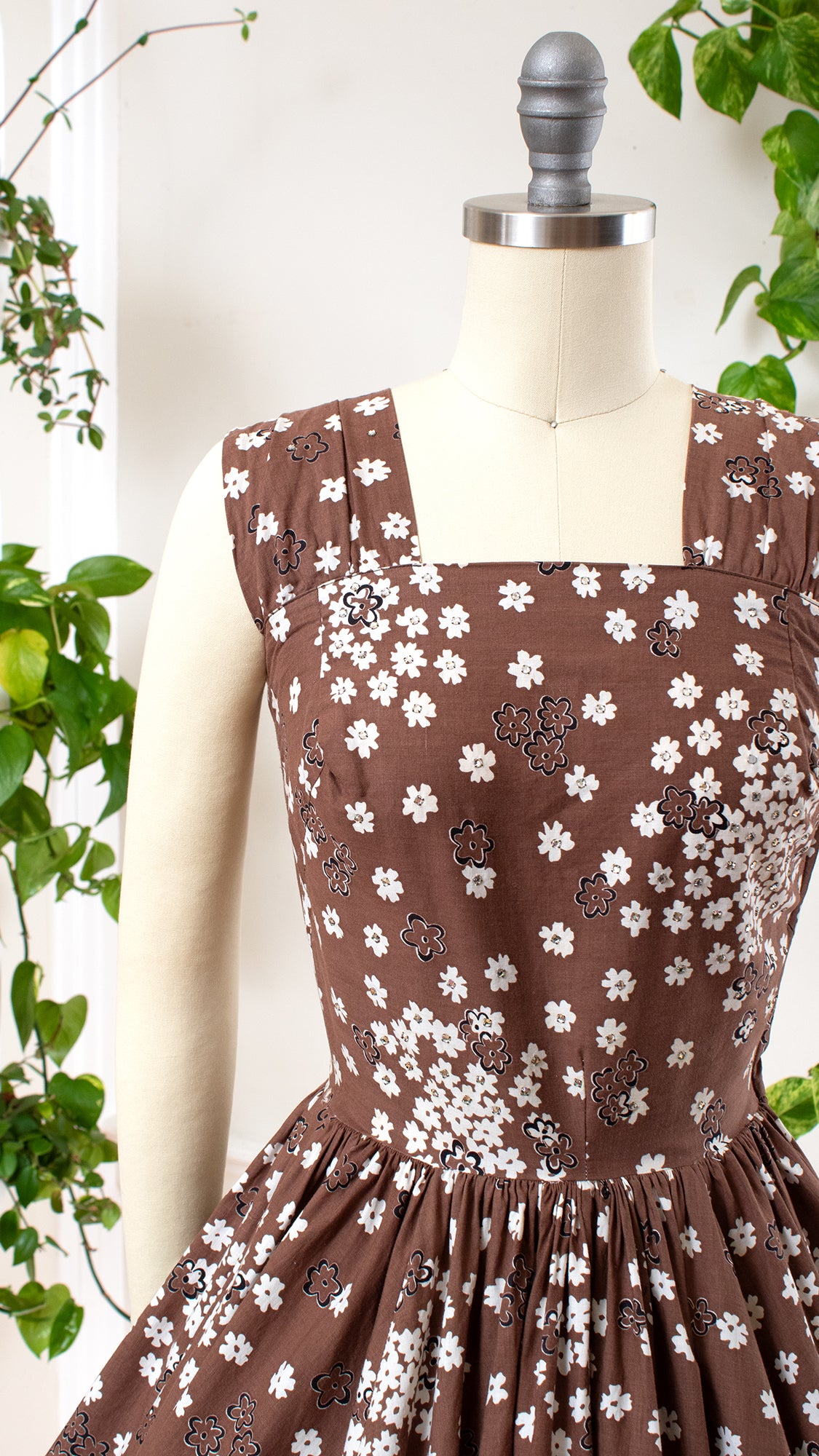 1950s Rhinestone Studded Floral Halter Dress | x-small