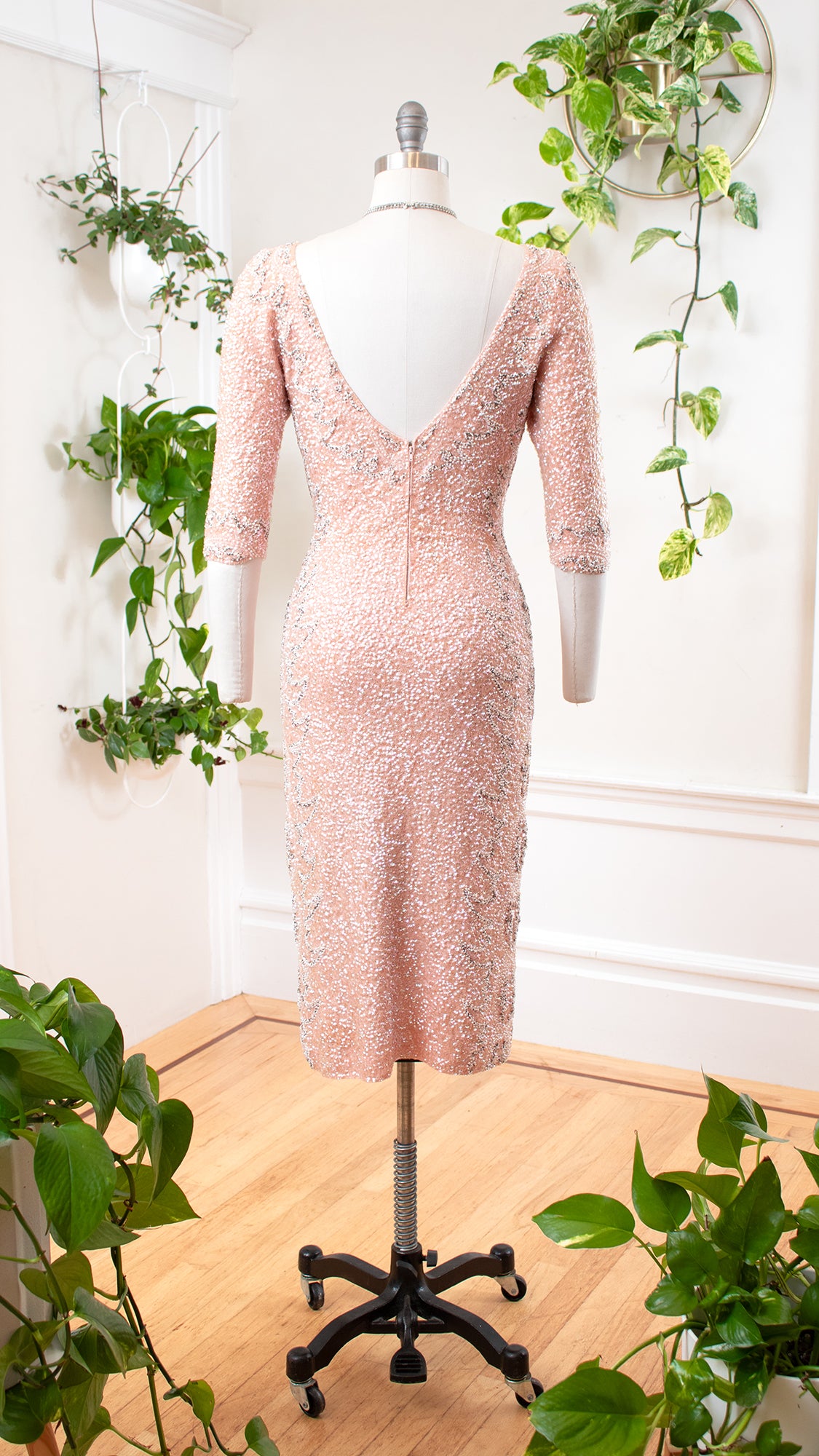 1950s GENE SHELLY Beaded Sequin Knit Pink Wool Sweater Dress | x-small Birthday Life Vintage 1950s GENE SHELLY Beaded Sequin Knit Pink Wool Sweater Dress | x-small Birthday Life Vintage