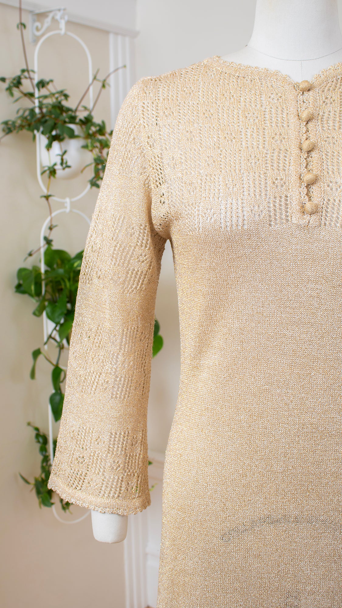 1970s ST. JOHN Metallic Gold Knit Maxi Dress | small/medium