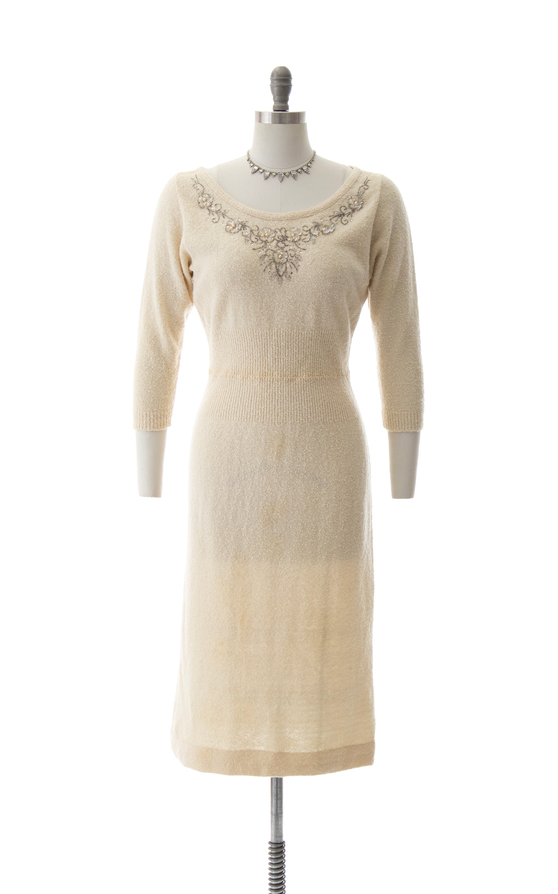 1950s Beaded Knit Wool Sweater Dress | small/medium Birthday Life Vintage 1950s Beaded Knit Wool Sweater Dress | small/medium Birthday Life Vintage