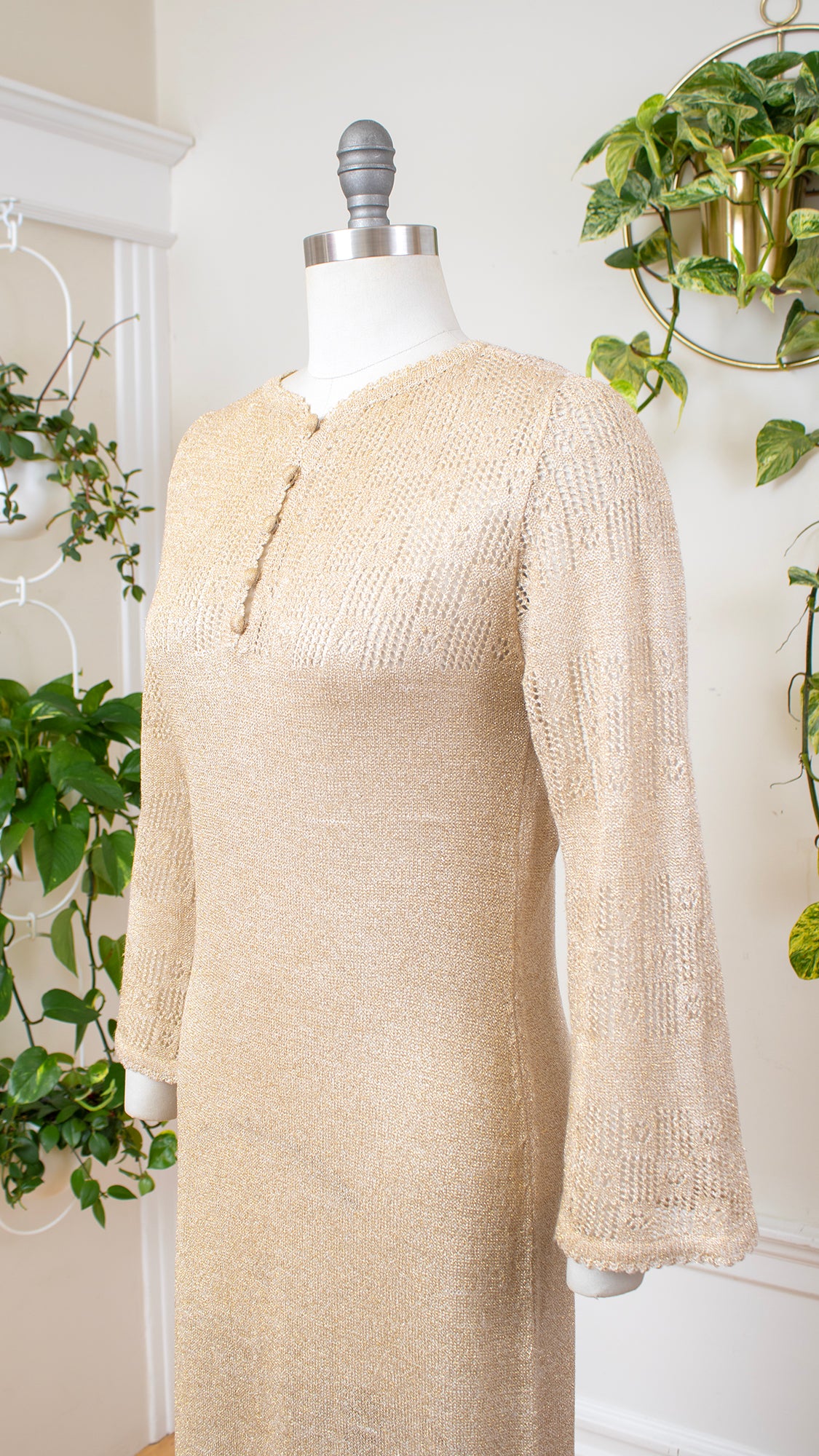 1970s ST. JOHN Metallic Gold Knit Maxi Dress | small/medium