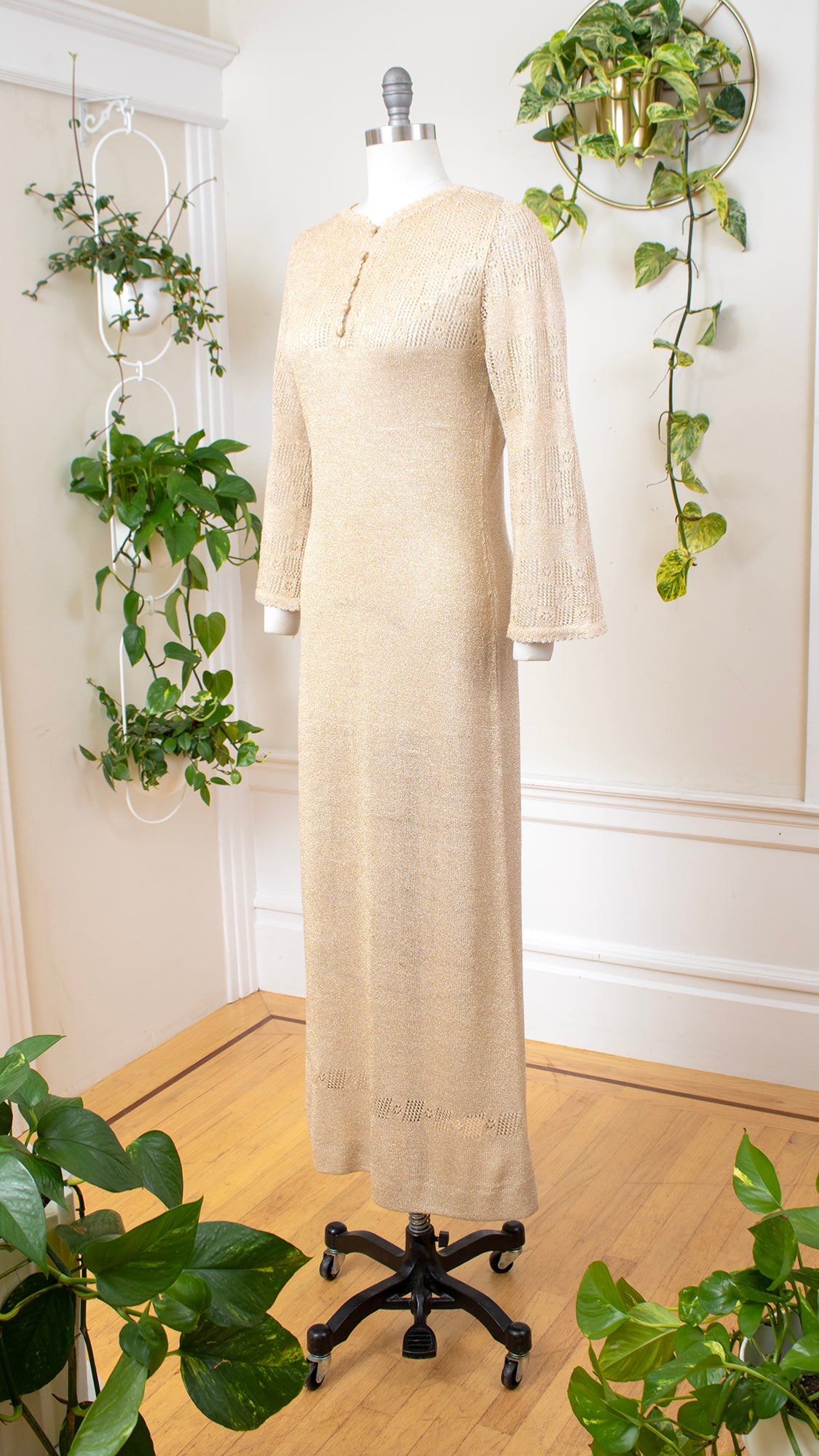 1970s ST. JOHN Metallic Gold Knit Maxi Dress | small/medium