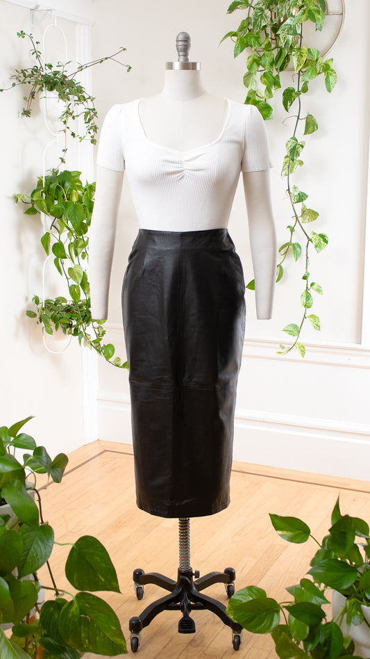 1980s Deadstock Black Leather Pencil Skirt | small