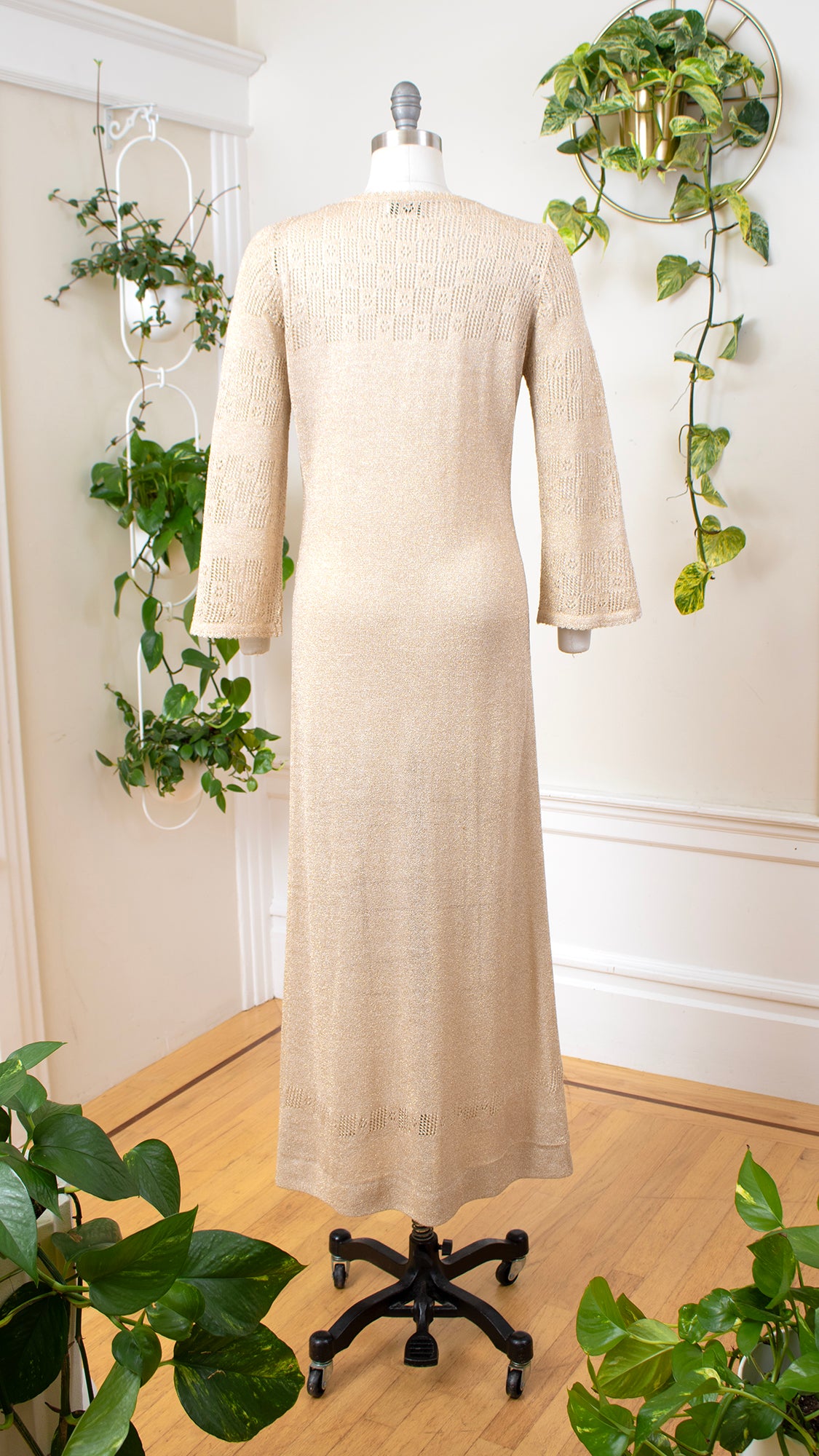 1970s ST. JOHN Metallic Gold Knit Maxi Dress | small/medium