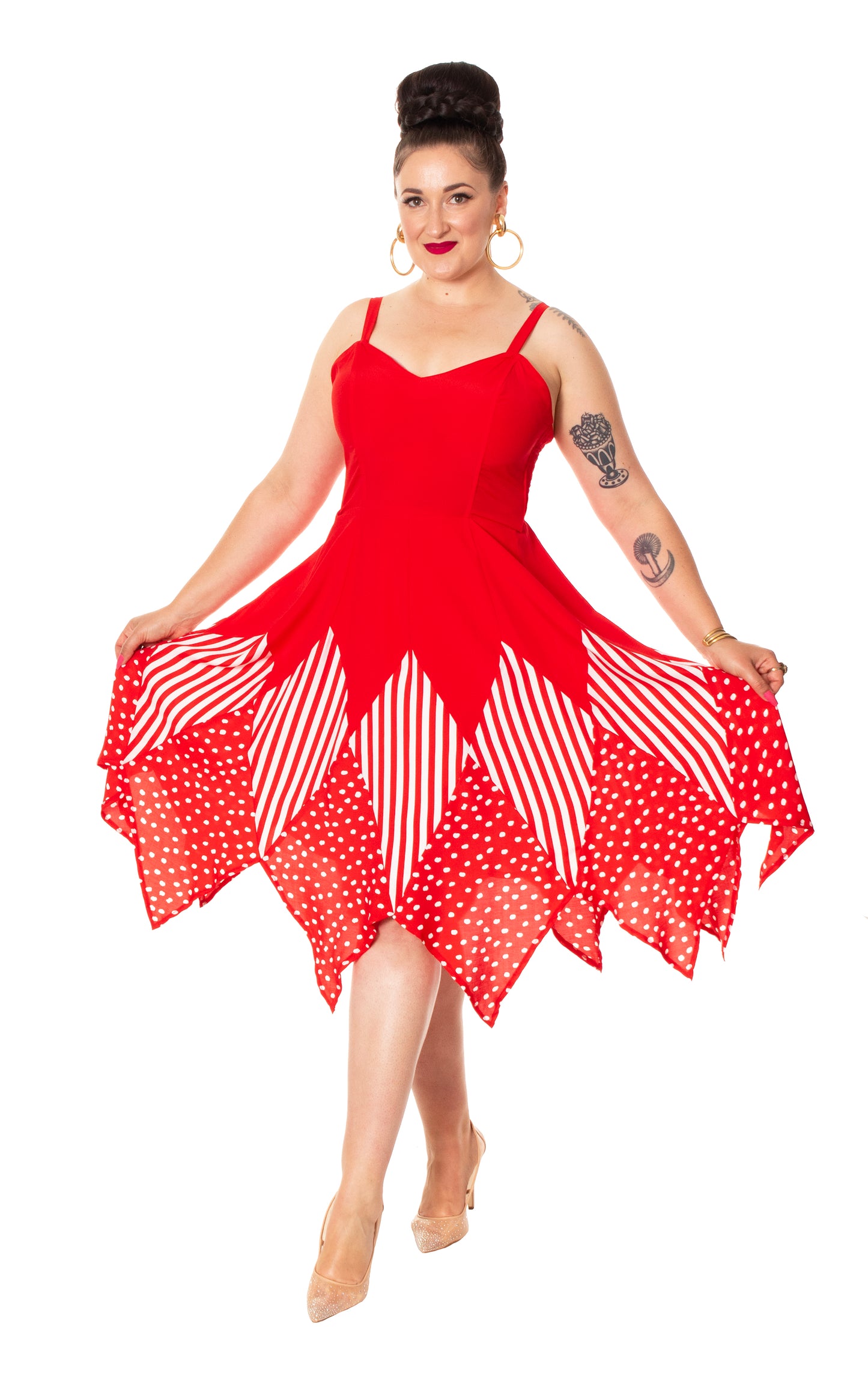 1970s Red Polka Dot Striped Handkerchief Dress | medium/large