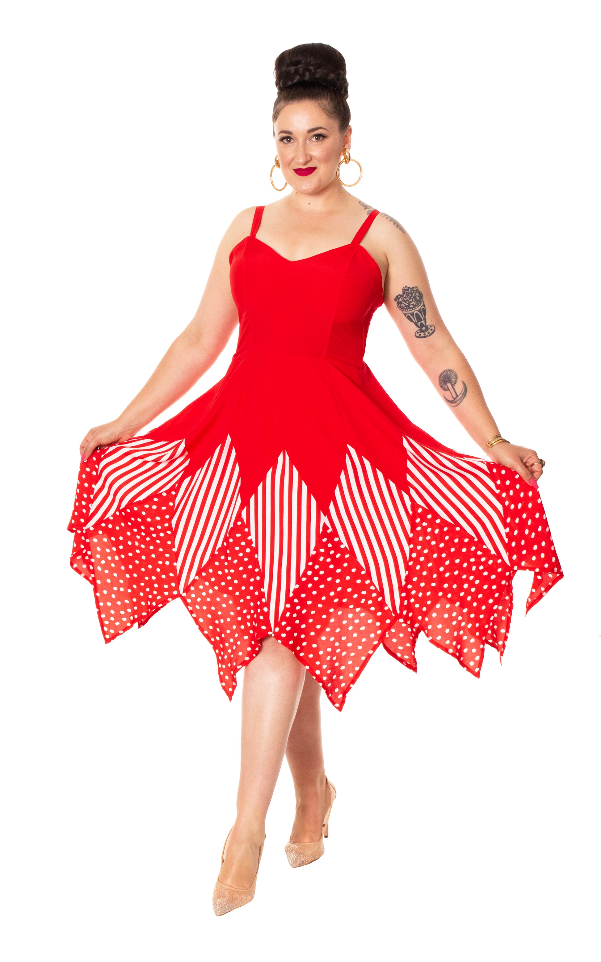 1970s Red Polka Dot Striped Handkerchief Dress | Medium/Large 1970s Red Polka Dot Striped Handkerchief Dress | Medium/Large