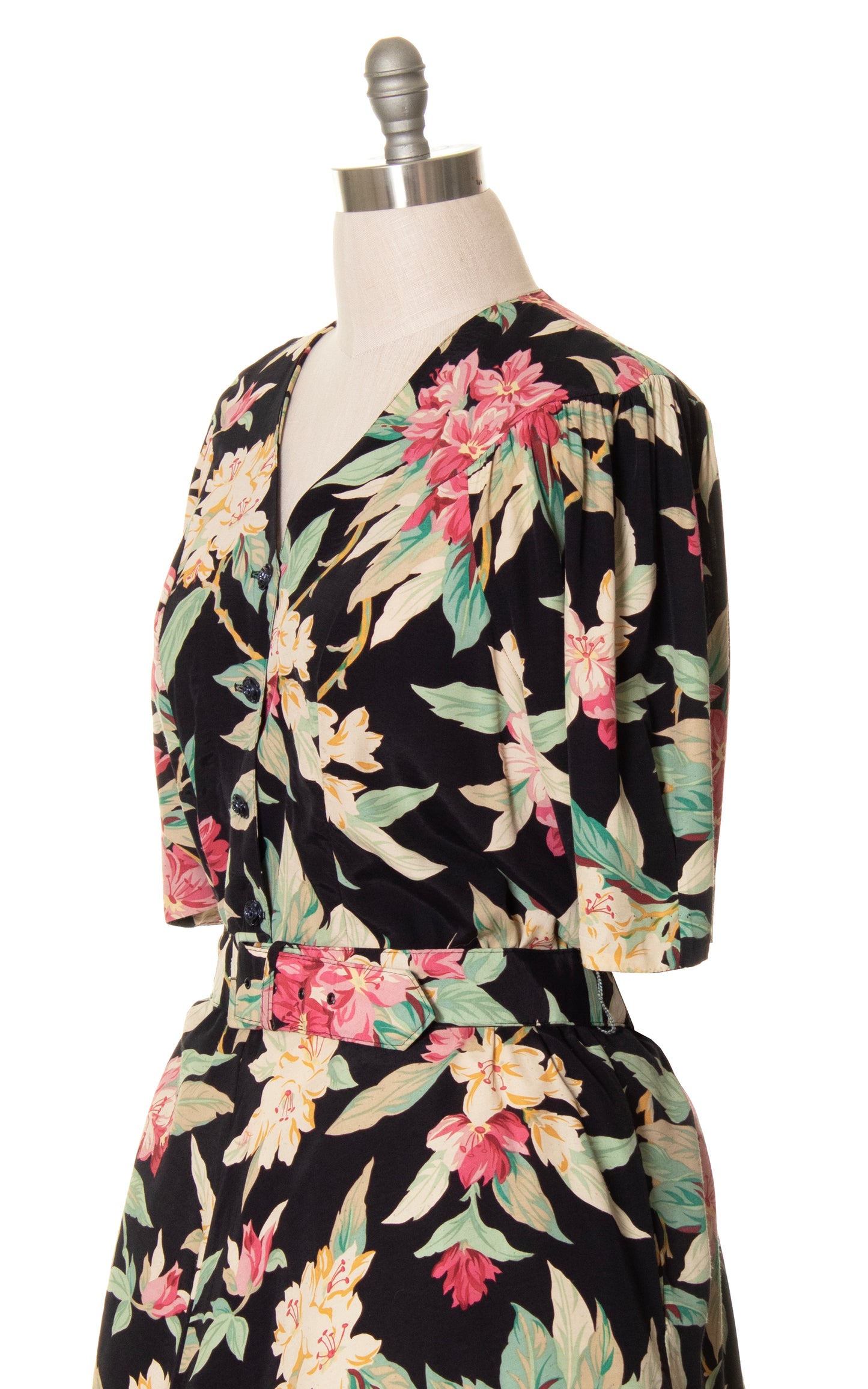 1990s Floral Rayon Shirtwaist Dress with Pockets | x-large