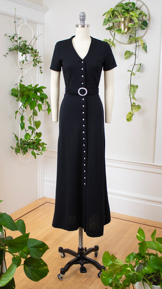 1970s Rhinestone Buttons Black Knit Maxi Dress | x-small/small