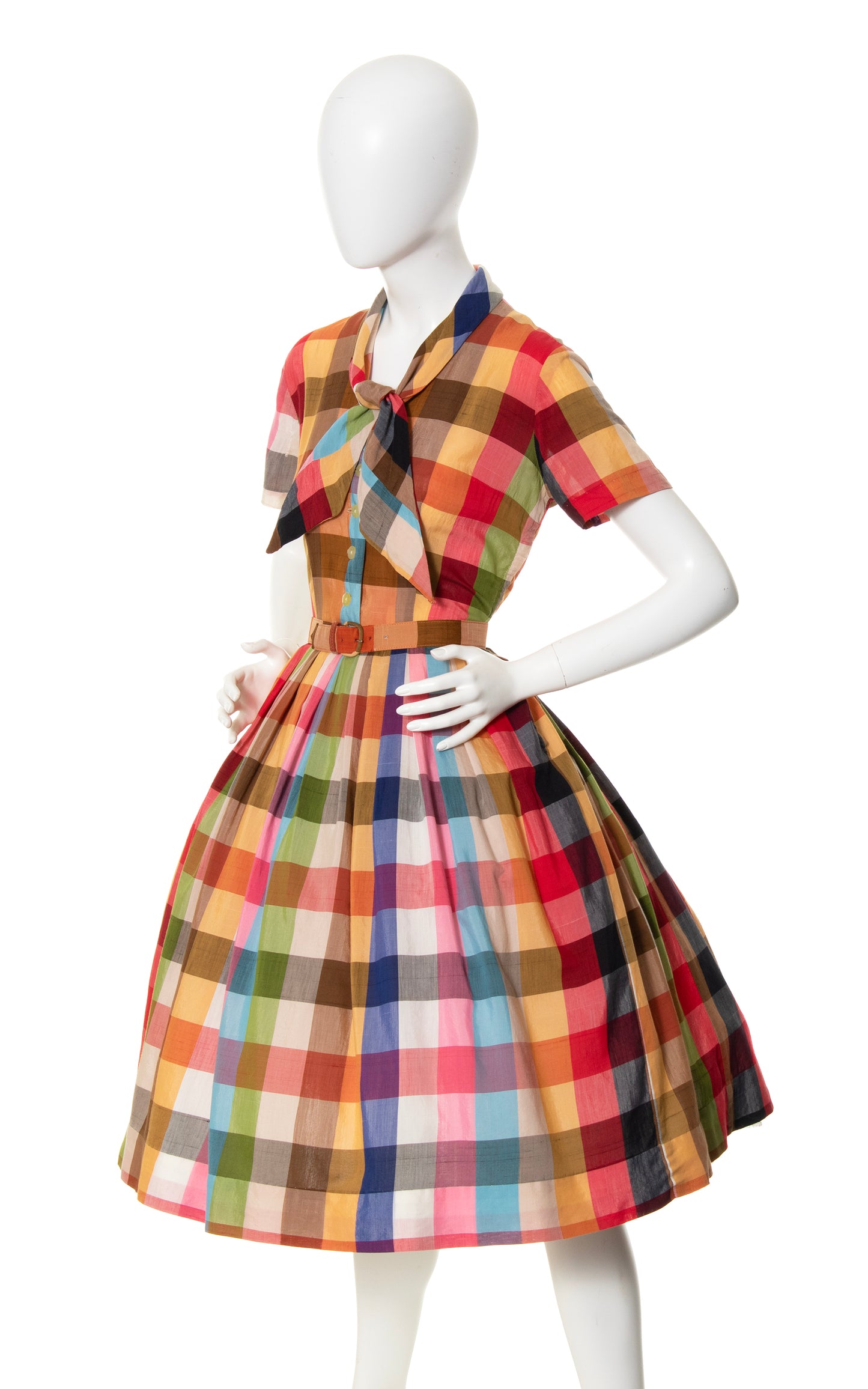 1950s Colorful Plaid Cotton Shirt Dress | medium