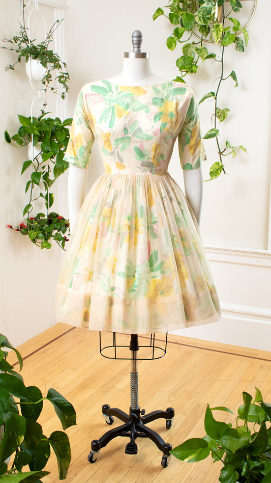 NEW ⭐️ 1950s Sheer Overlay Floral Party Dress | small