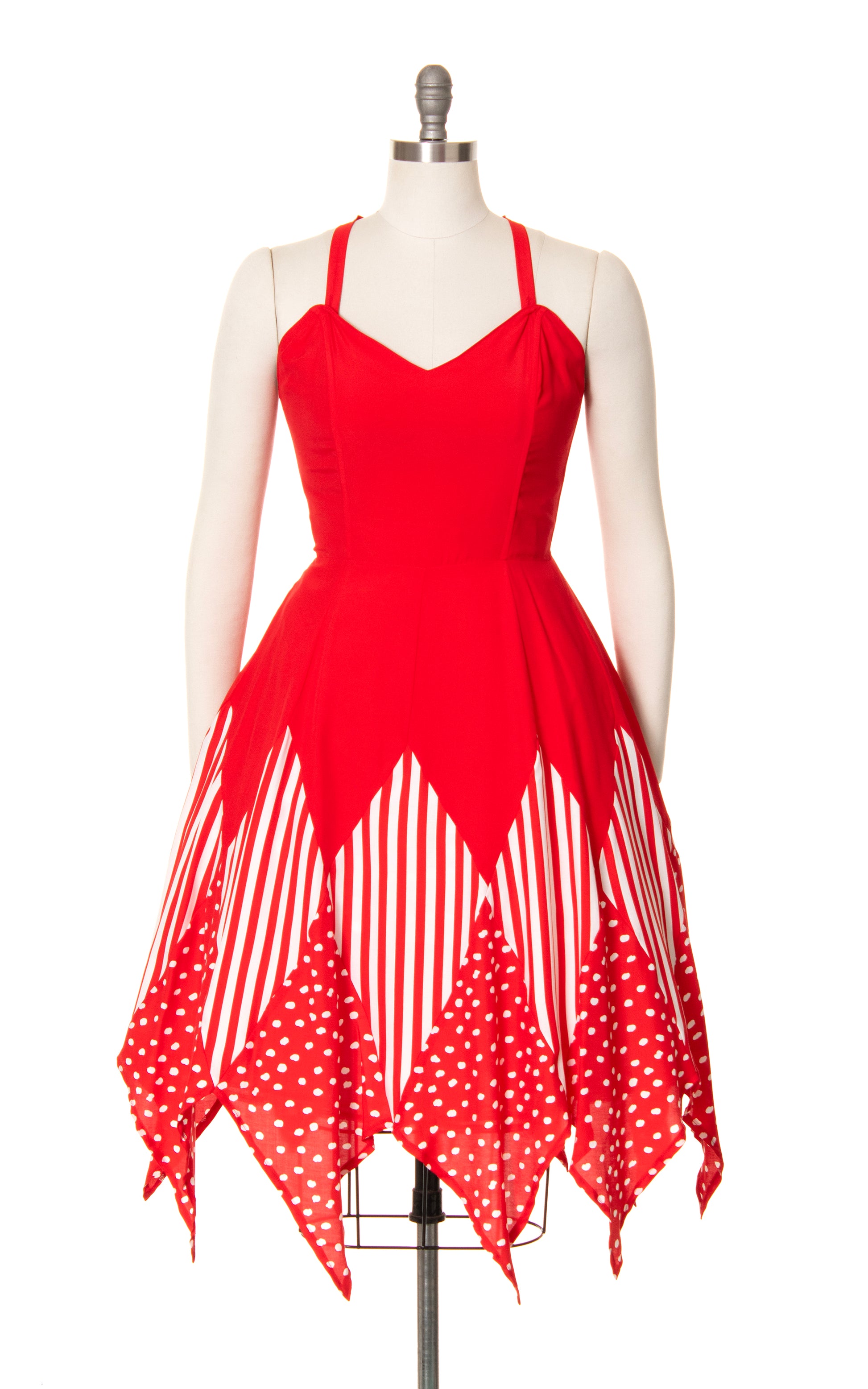 1970s Red Polka Dot Striped Handkerchief Dress 1970s Red Polka Dot Striped Handkerchief Dress