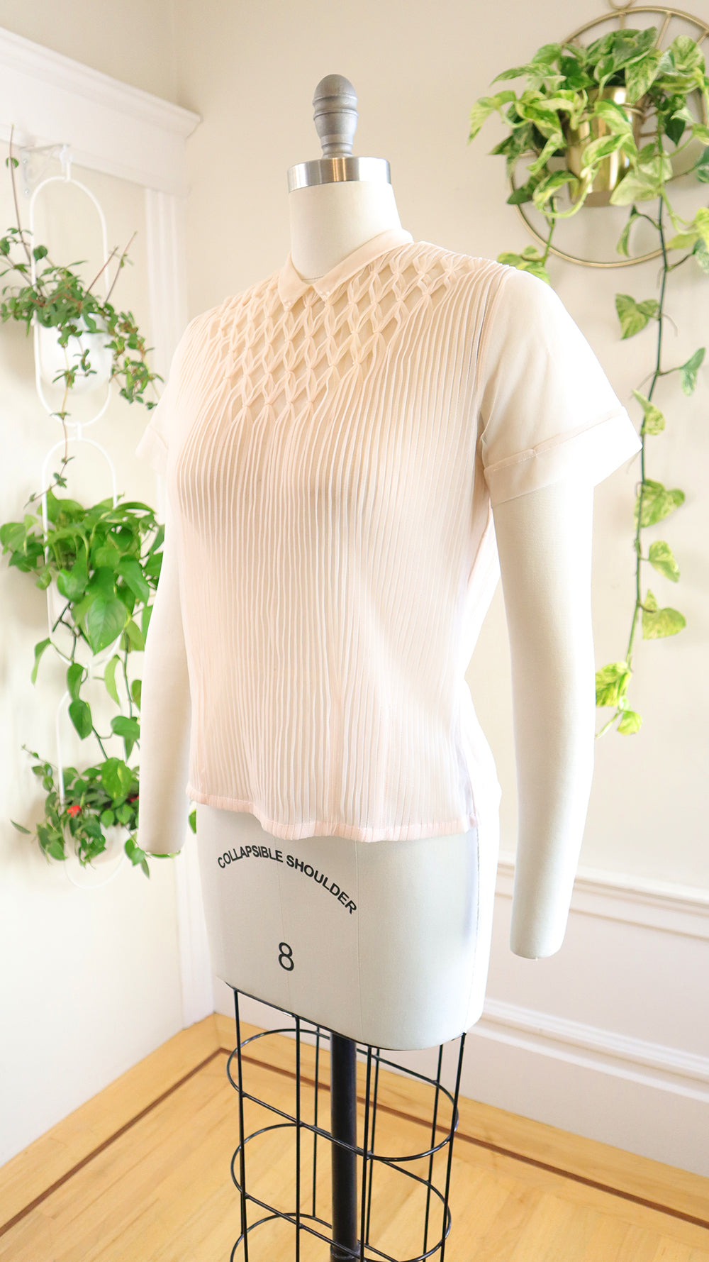 1950s Sheer Pink Nylon Pintuck Blouse | medium/large