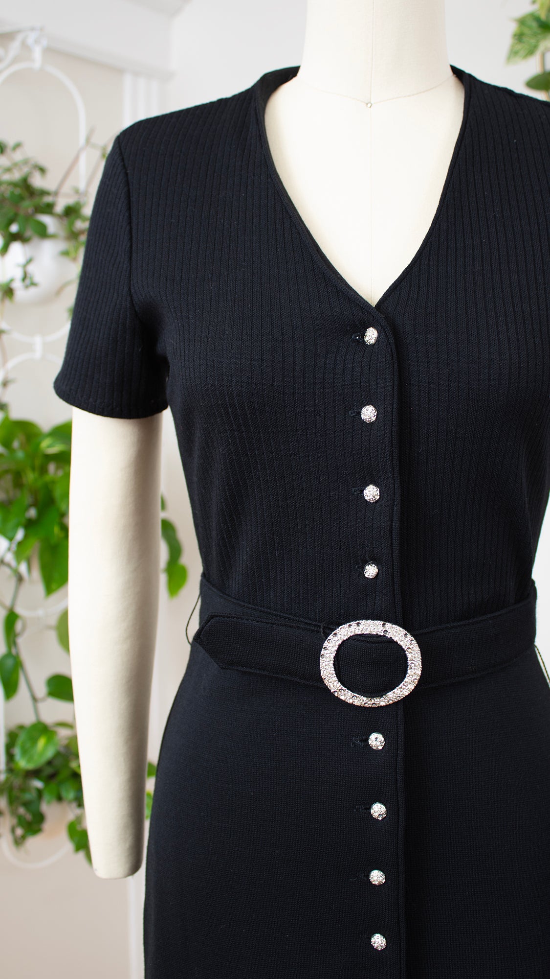 1970s Rhinestone Buttons Black Knit Maxi Dress | x-small/small