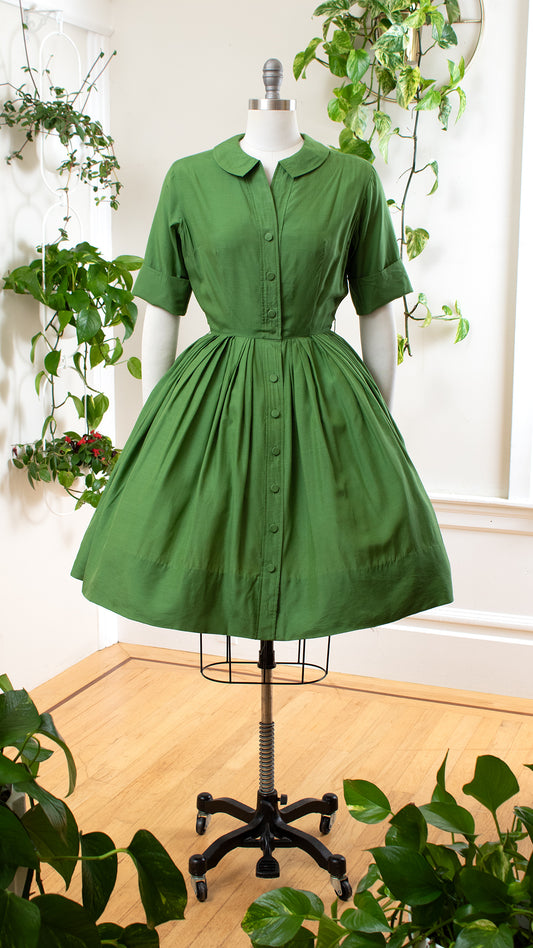 1950s ALFRED SHAHEEN Green Silk Shirtwaist Dress | small