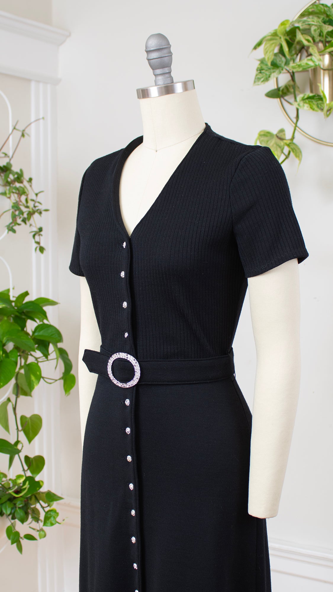 1970s Rhinestone Buttons Black Knit Maxi Dress | x-small/small