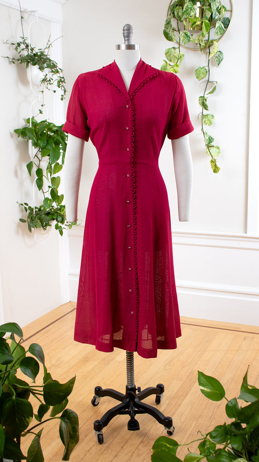 1940s Red Loop-Trim Lacy Shirtwaist Dress | medium