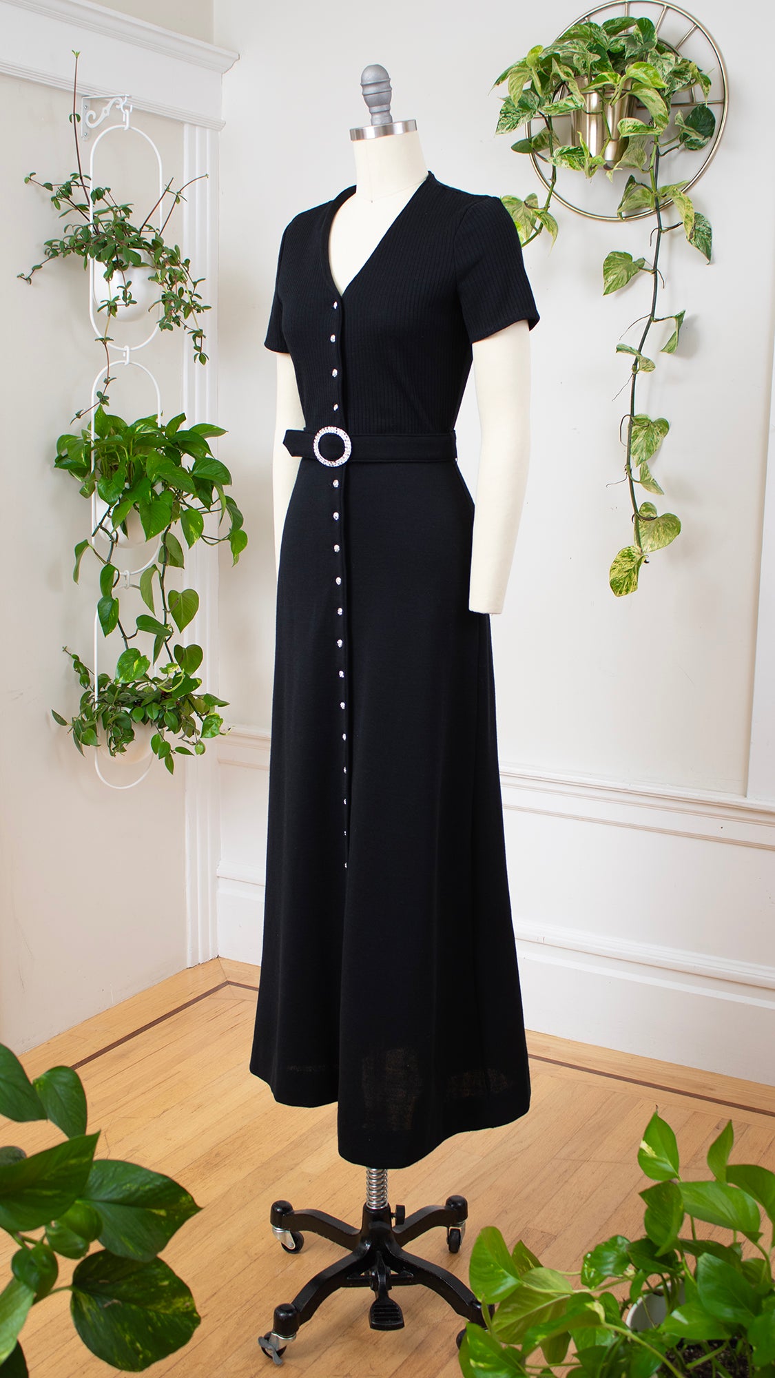 1970s Rhinestone Buttons Black Knit Maxi Dress | x-small/small