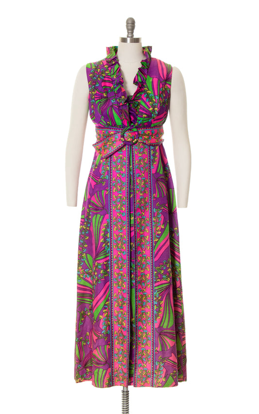 1960s Psychedelic Floral Ruffled Maxi Dress | small