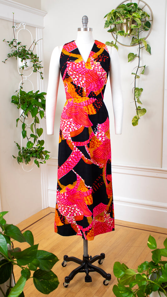 1970s Psychedelic Barkcloth Maxi Dress | small