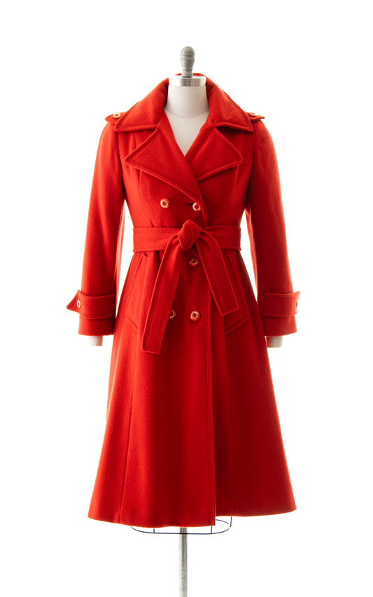 1970s DEADSTOCK Red Wool Belted Trench Coat | x-small/small