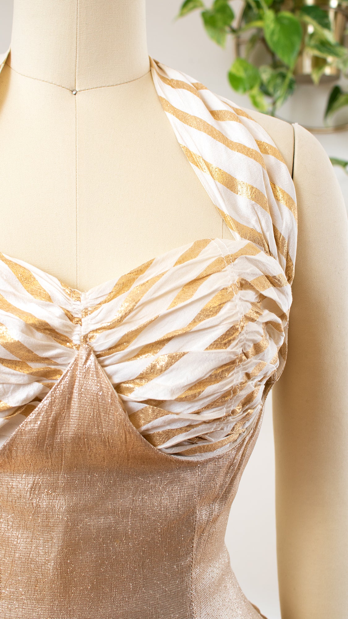 1950s Gold Lam Striped Halter Gown | x-small Birthday Life Vintage 1950s Gold Lam Striped Halter Gown | x-small Birthday Life Vintage