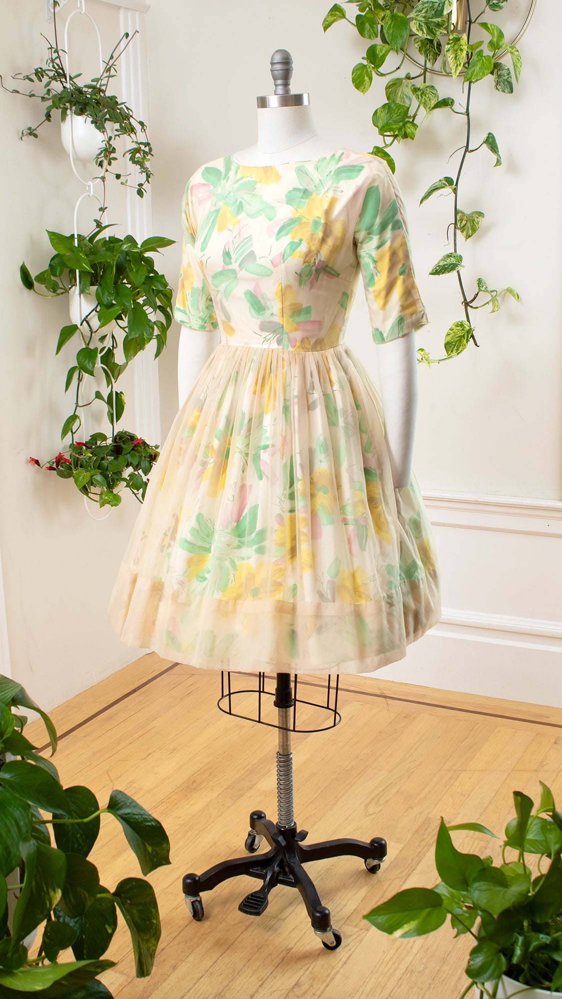 1950s Sheer Overlay Floral Party Dress | small 1950s Sheer Overlay Floral Party Dress | small