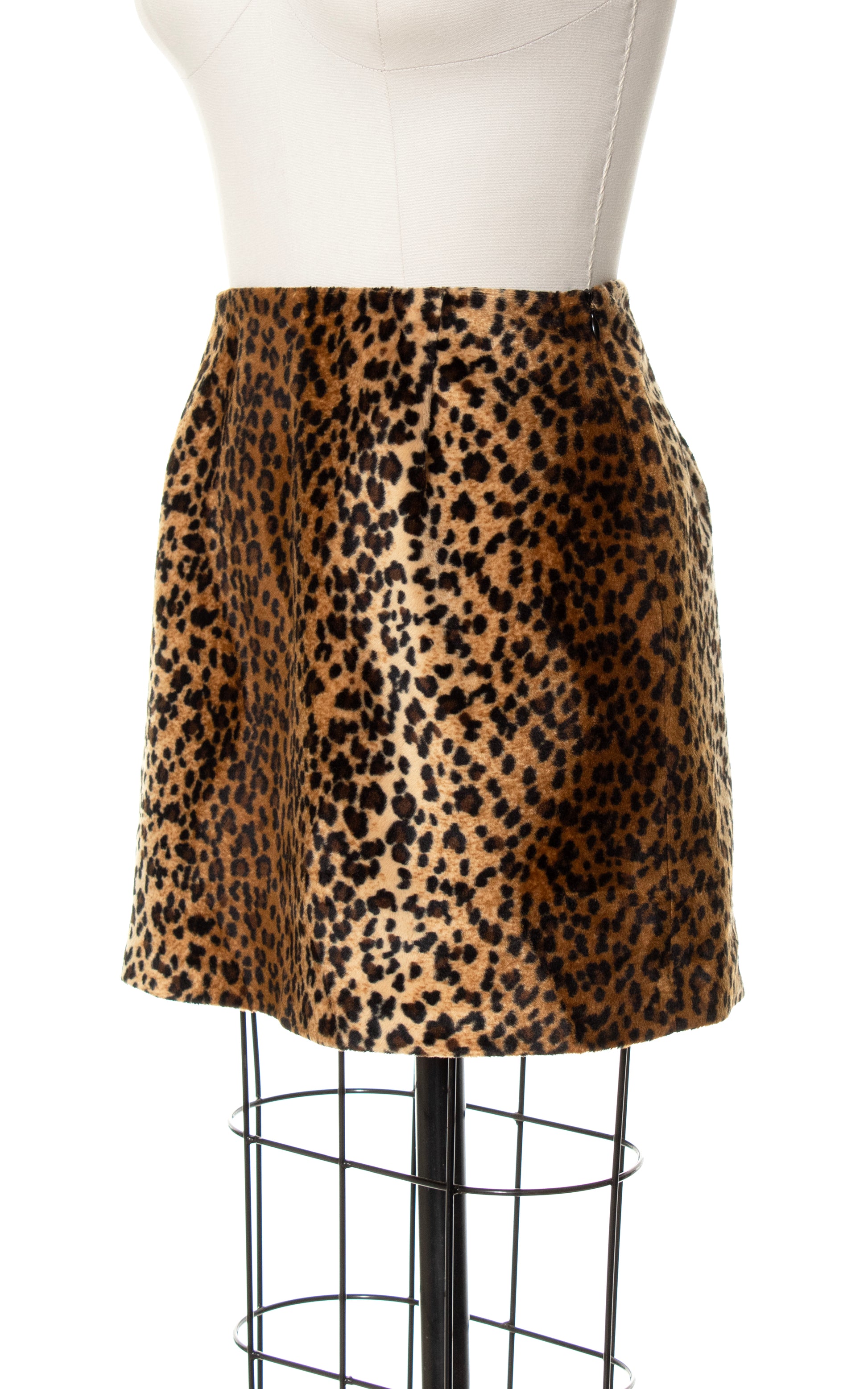 FAUX FUR SKIRT Vintage Leopard Animal Print Mini Pencil High Waist 90's /  38 39 Inch Hips / Size 6 -  Sweden