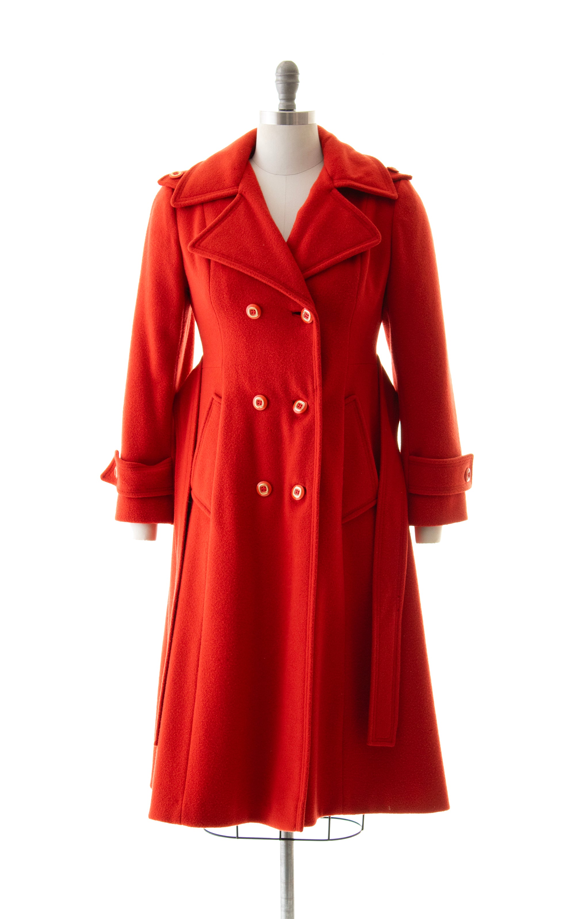 1970s DEADSTOCK Red Wool Belted Trench Coat | x-small/small