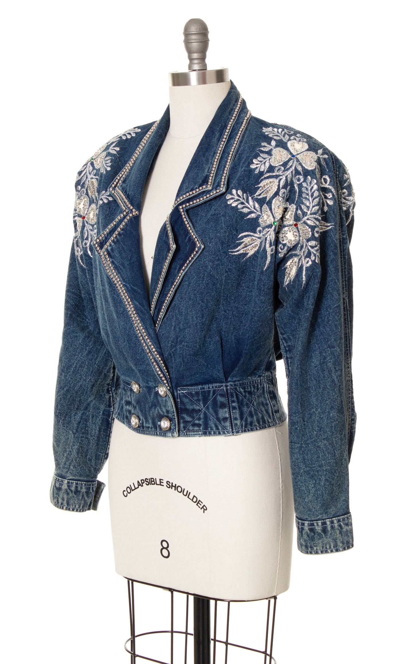 1980s Floral Embroidered Rhinestone Cropped Denim Jacket | medium/large