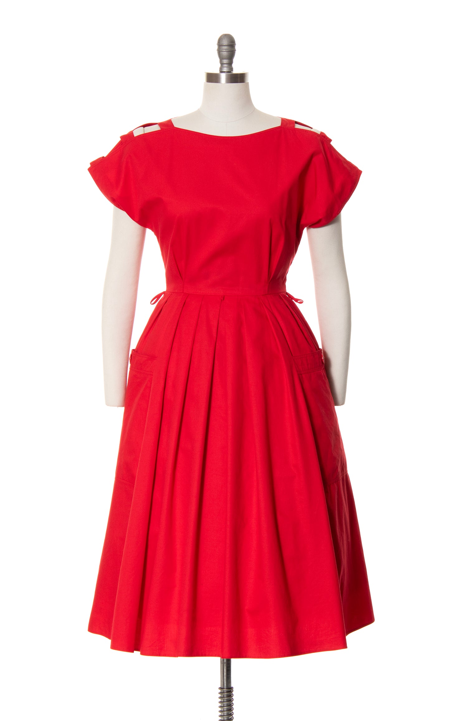 1980s does 1950s Cutout Shoulder Day Dress with Giant Pockets |