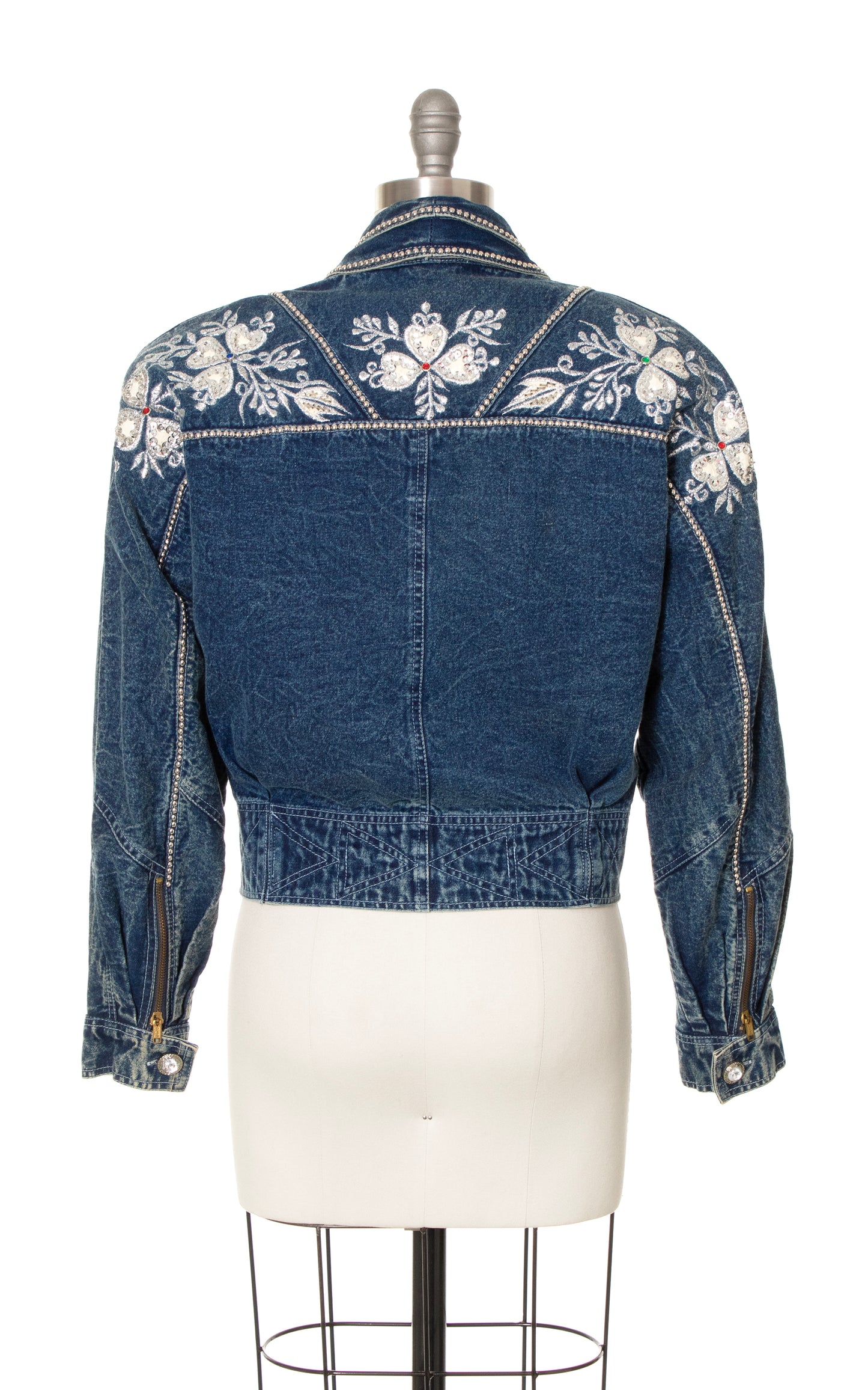 1980s Floral Embroidered Rhinestone Cropped Denim Jacket | medium/large