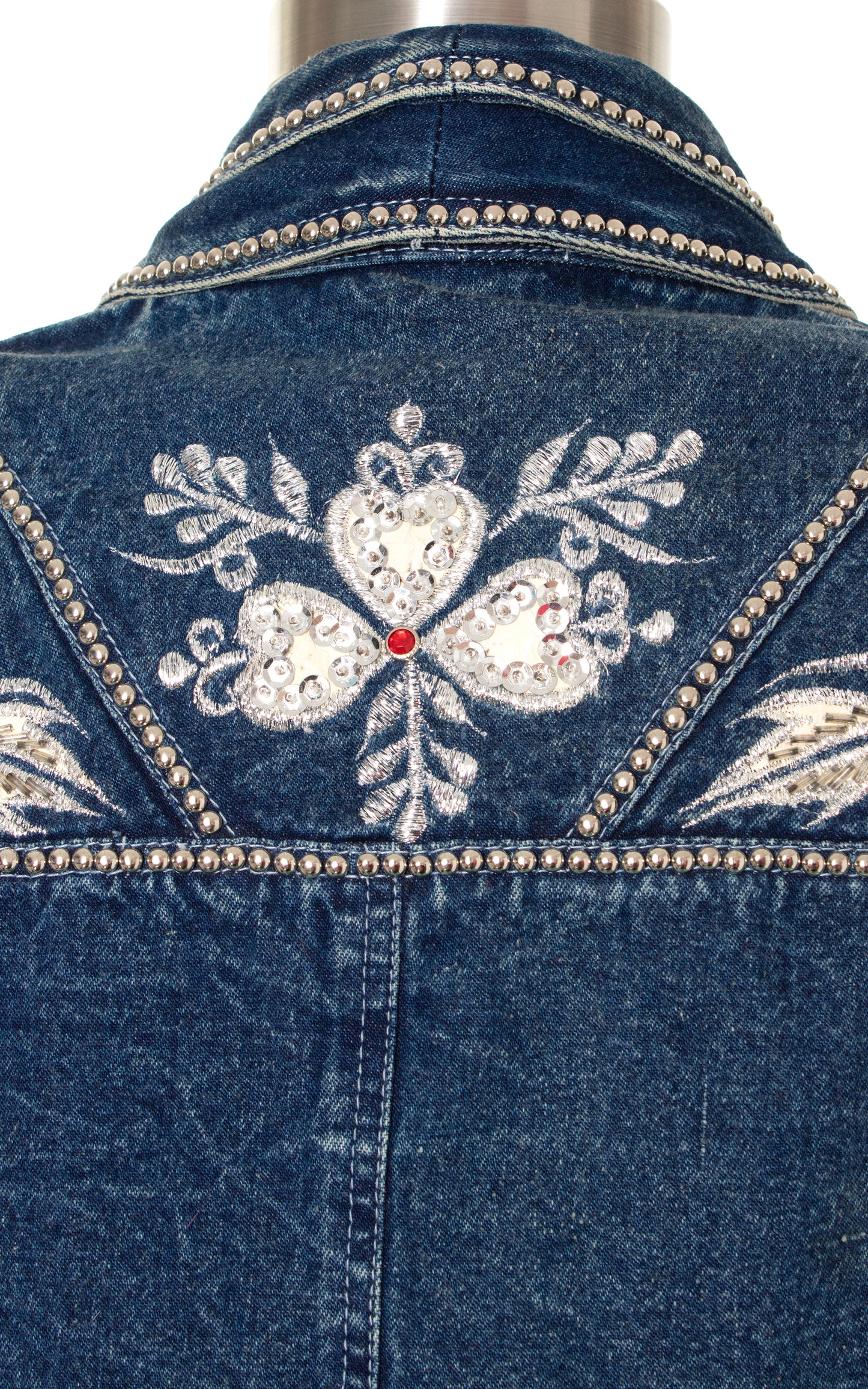 1980s Floral Embroidered Rhinestone Cropped Denim Jacket | medium/large