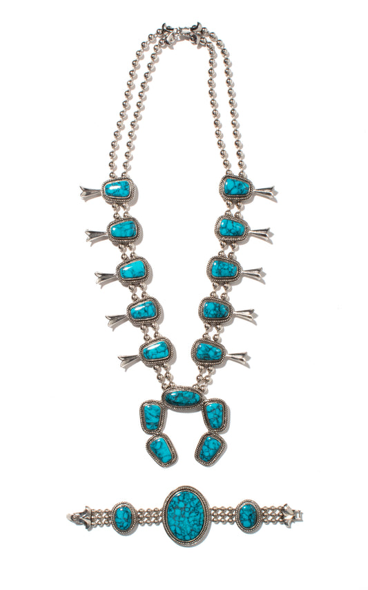 1970s Faux Turquoise & Silver Squash Blossom Necklace & Bracelet Set