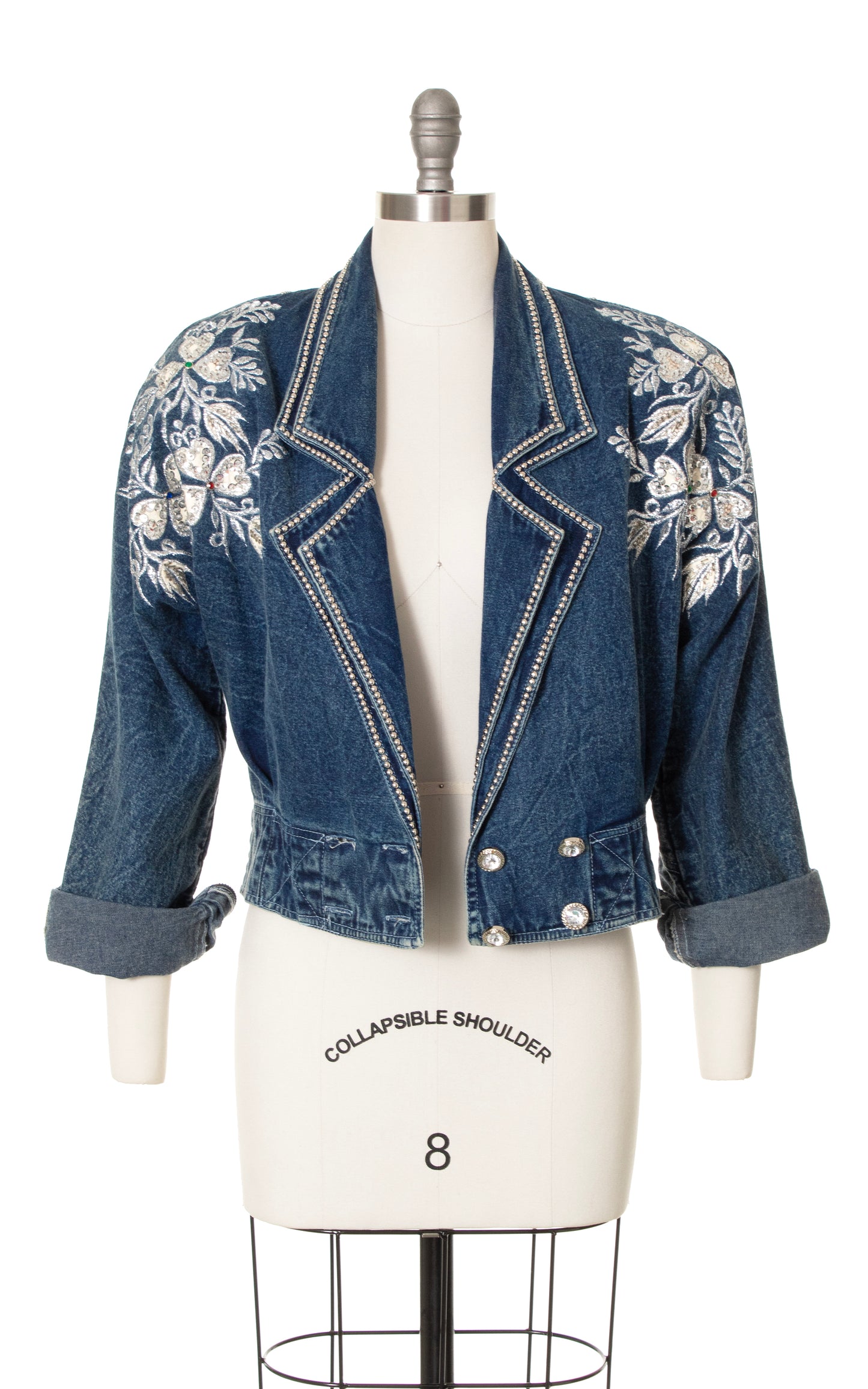 1980s Floral Embroidered Rhinestone Cropped Denim Jacket | medium/large