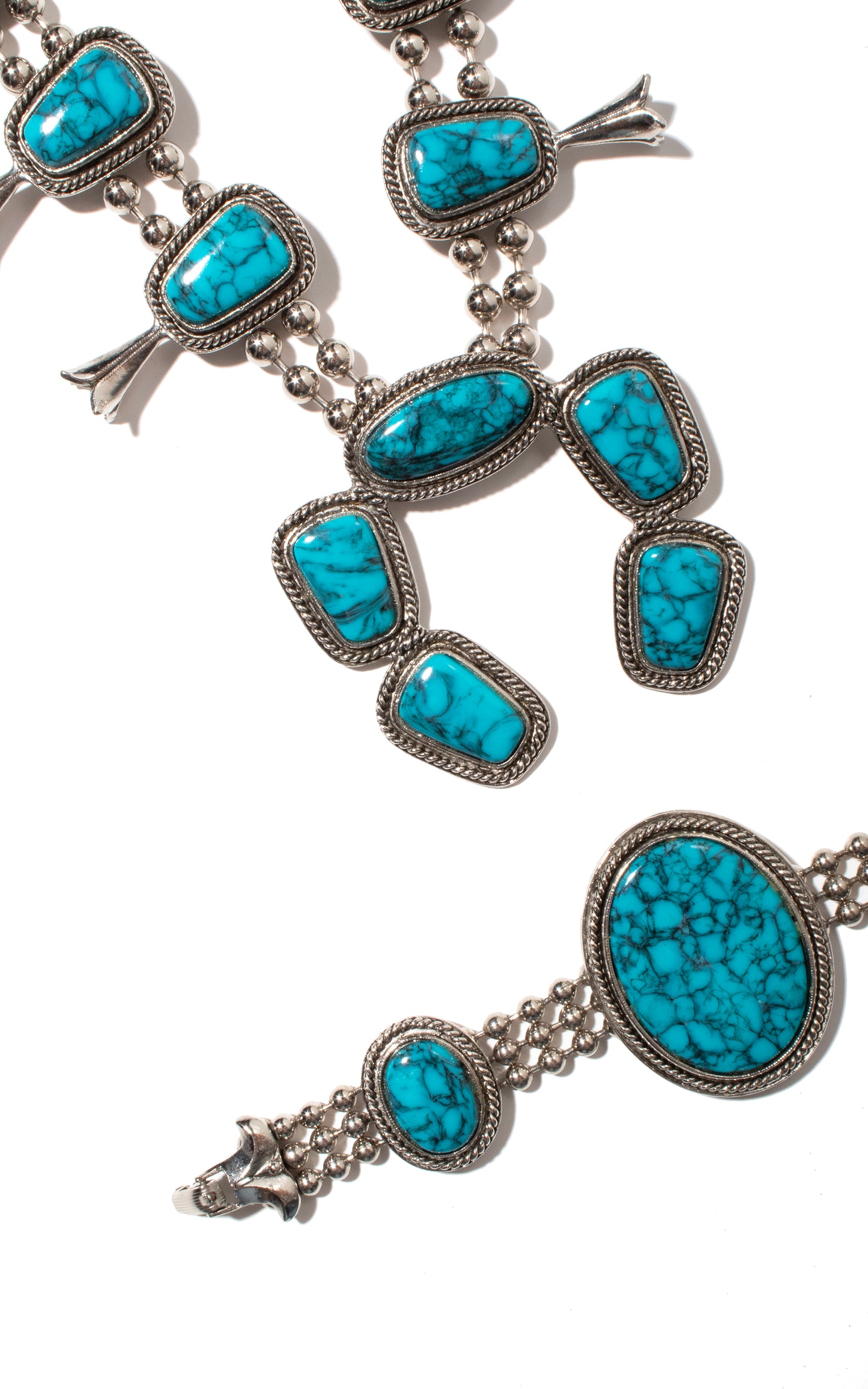 1970s Faux Turquoise & Silver Squash Blossom Necklace & Bracelet Set
