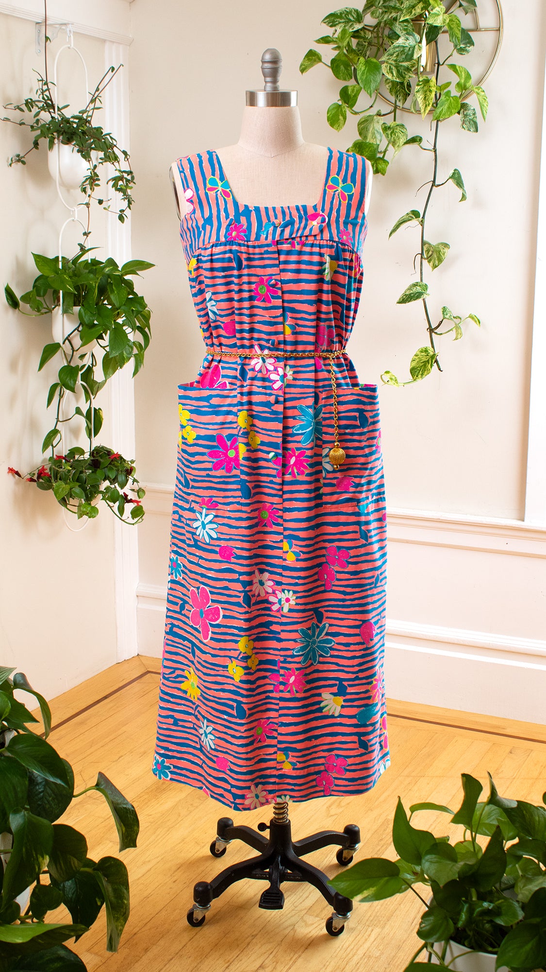1960s 1970s Hawaiian Floral Striped Shirtwaist Maxi Dress 1960s 1970s Hawaiian Floral Striped Shirtwaist Maxi Dress