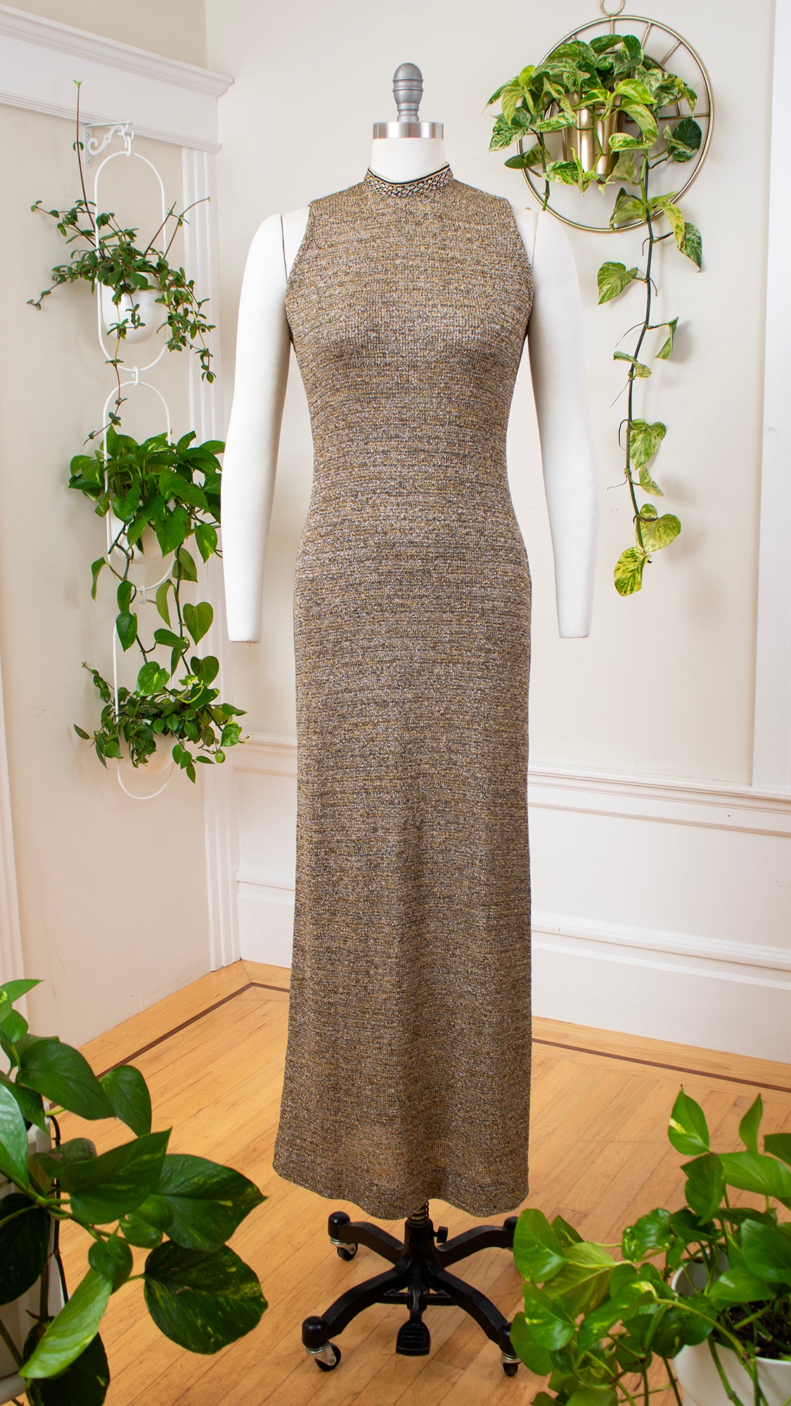 1970s Metallic Gold & Silver Knit Maxi Dress | x-small/small/medium