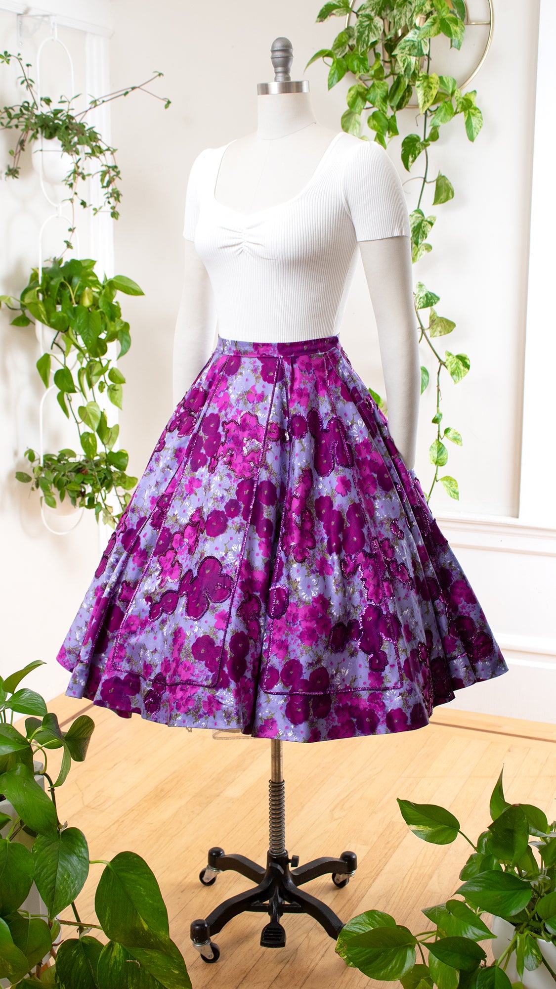 1950s Sequin Floral Cotton Circle Skirt | small