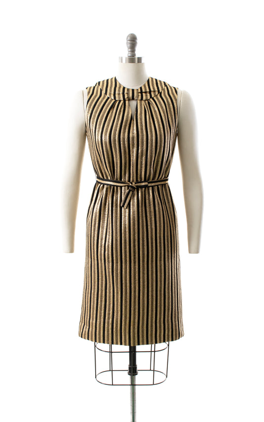 NEW ARRIVAL || 1960s Metallic Gold Striped Shift Dress | small