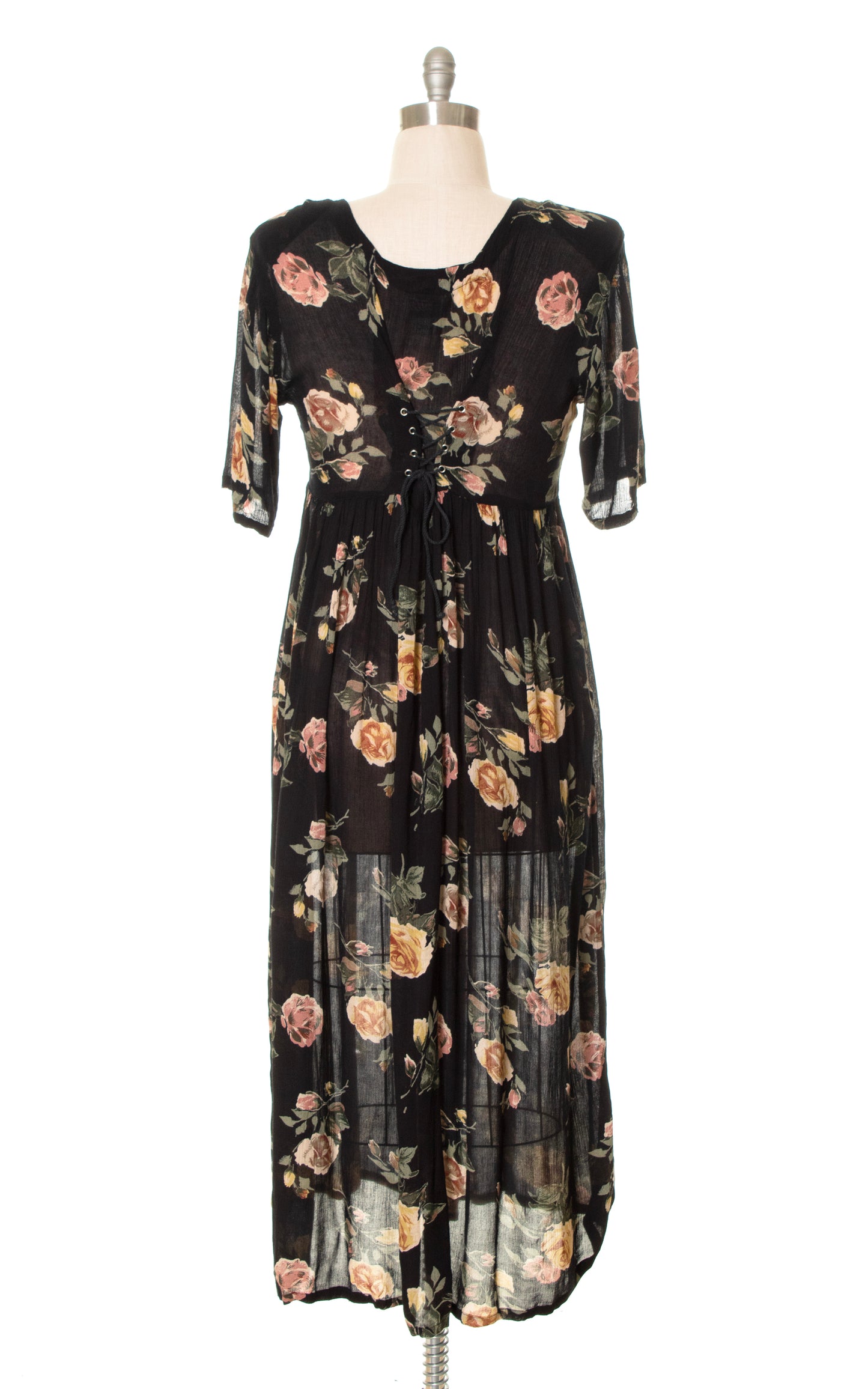 1990s Lace-Up Rose Print Cotton Gauze Dress | medium/large/x-large