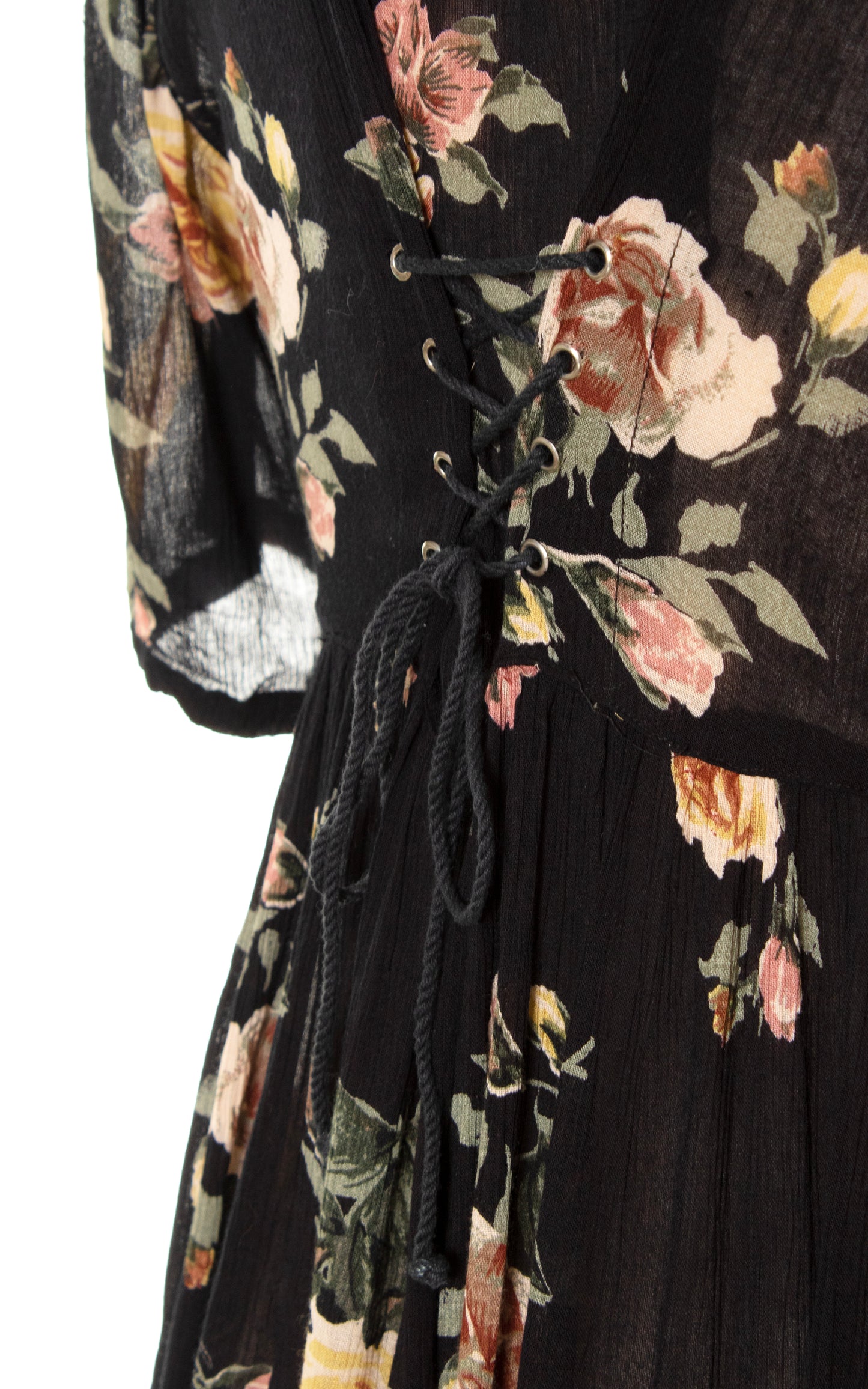 1990s Lace-Up Rose Print Cotton Gauze Dress | medium/large/x-large