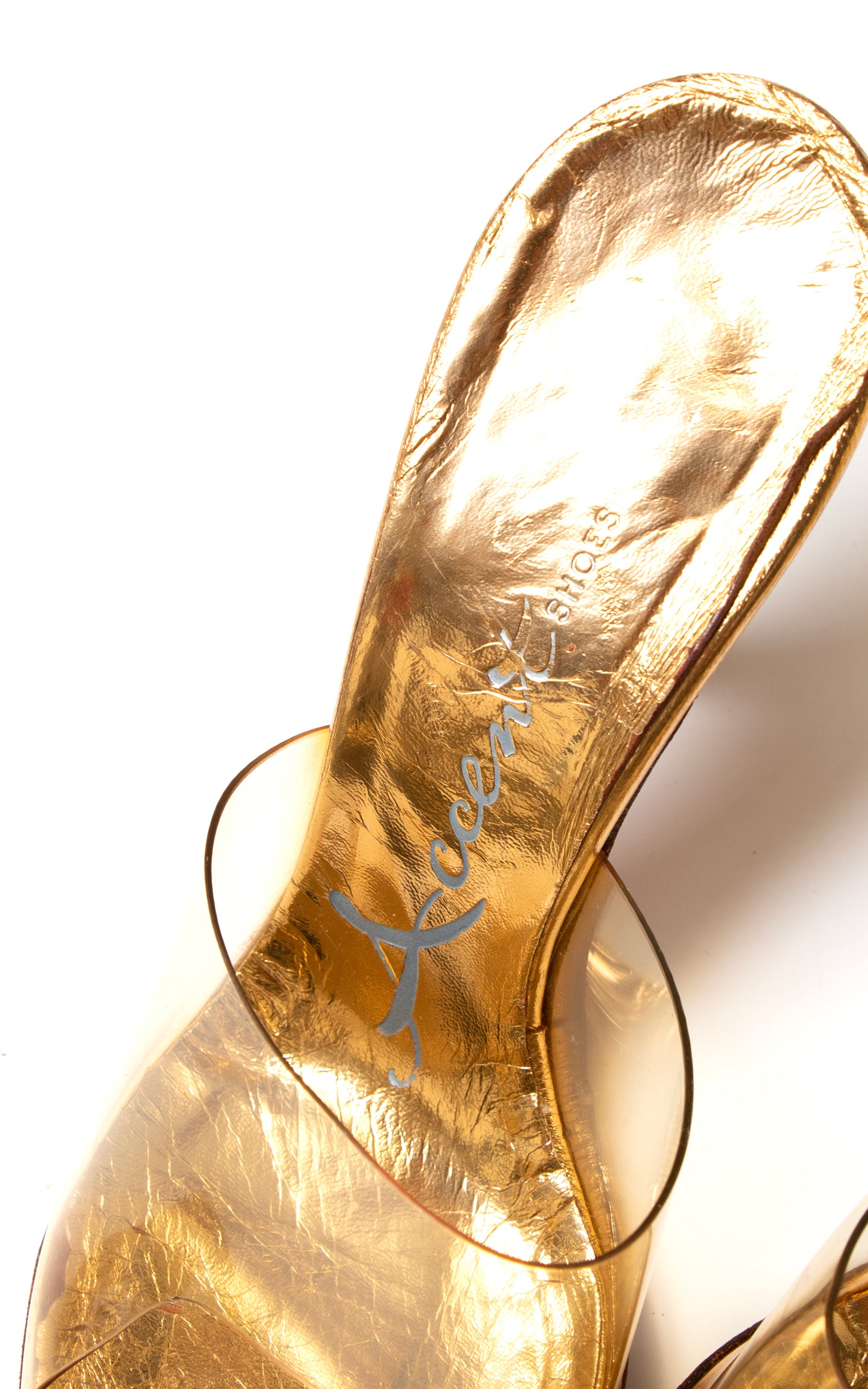 1950s 1960s Clear Vinyl & Gold Stiletto Mules | size US 6