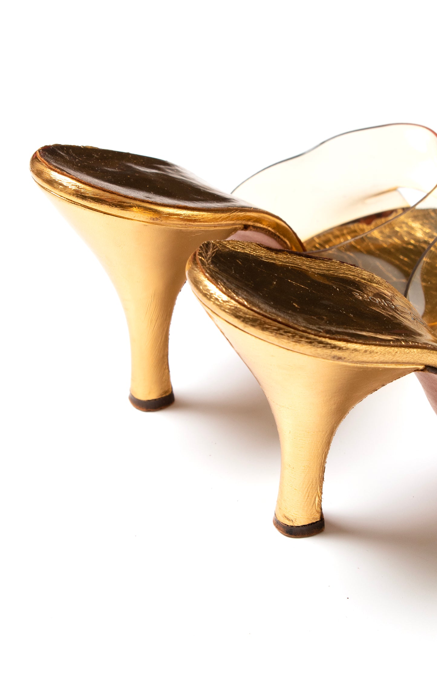 1950s 1960s Clear Vinyl & Gold Stiletto Mules | size US 6