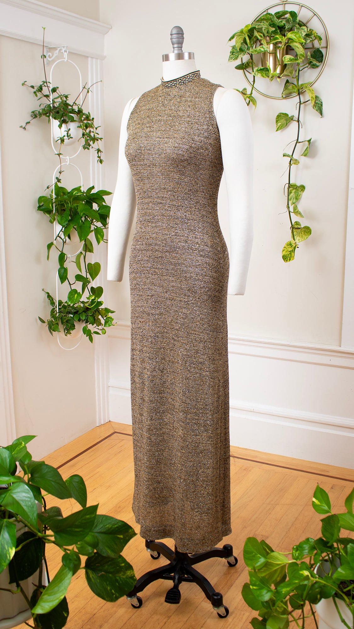 1970s Metallic Gold & Silver Knit Maxi Dress | x-small/small/medium