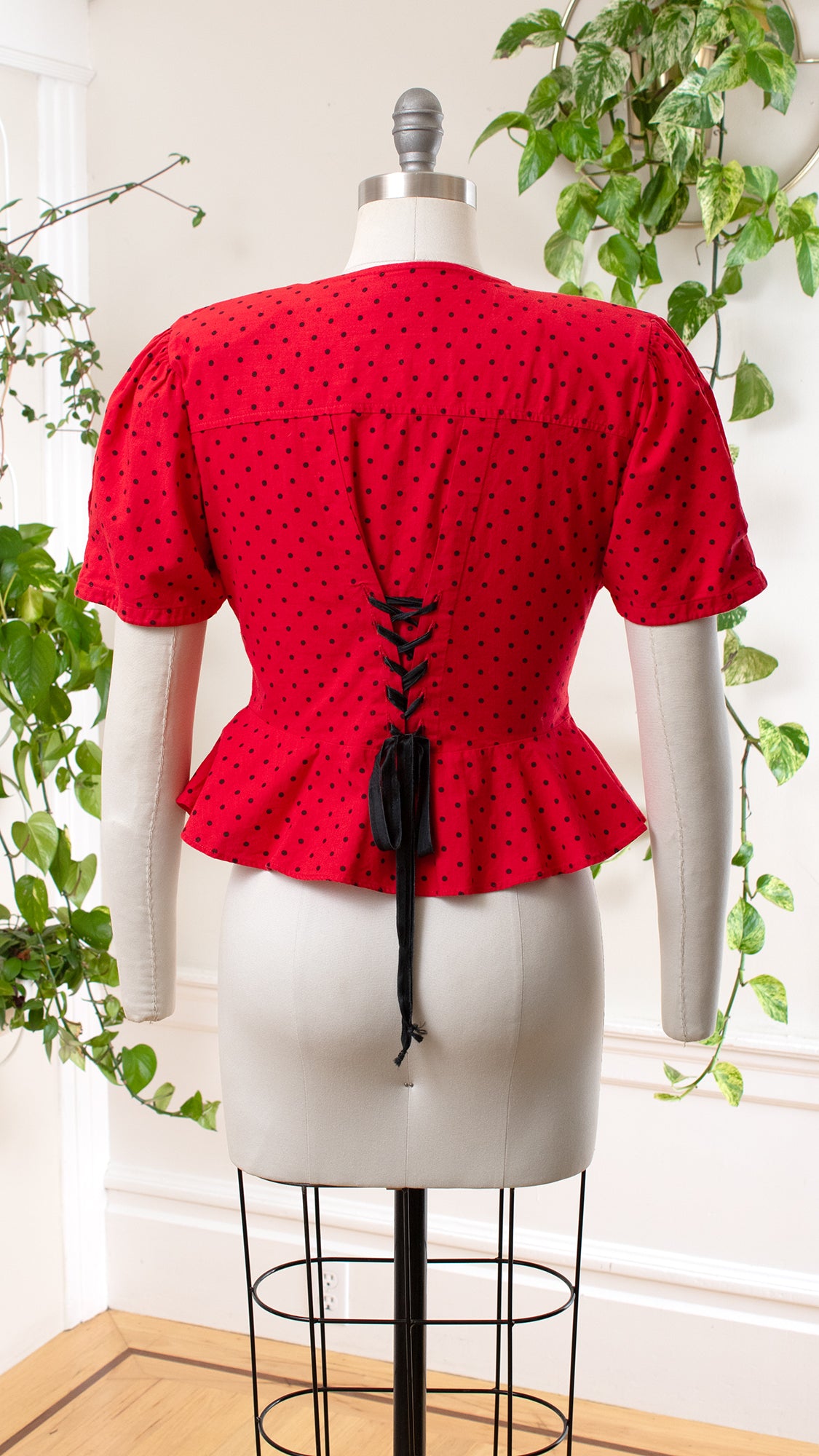 1990s Lace-Up Polka Dot Peplum Blouse | medium