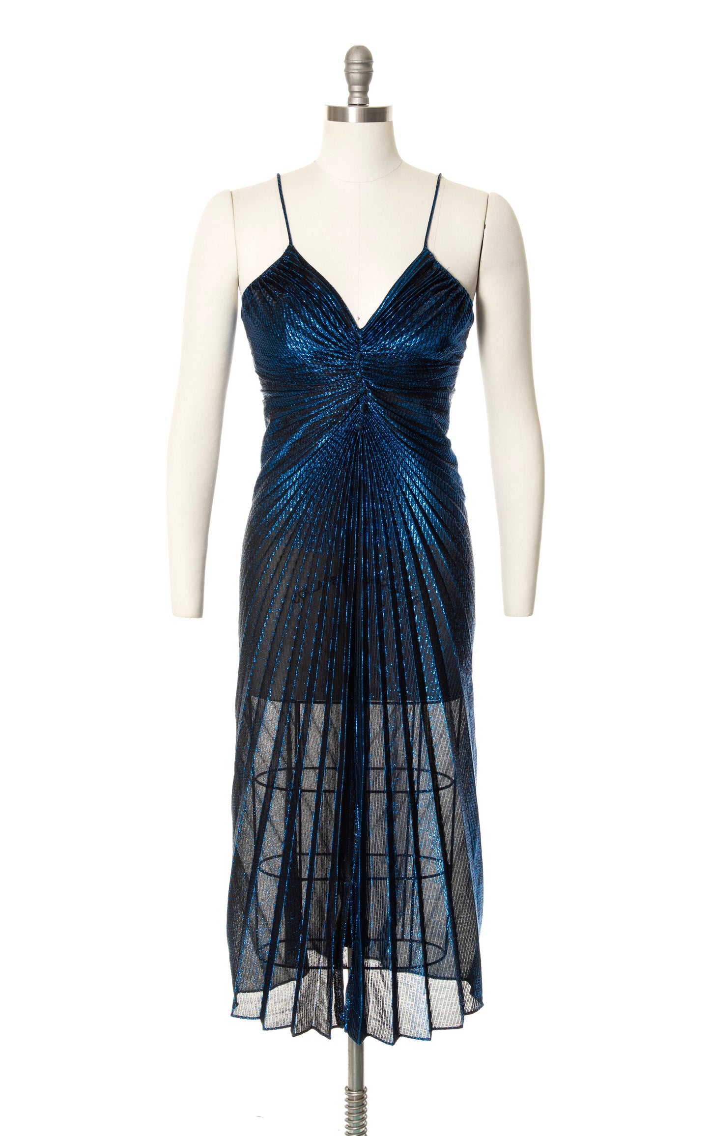 1980s Travilla Style Metallic Blue Pleated Dress | x-small/small