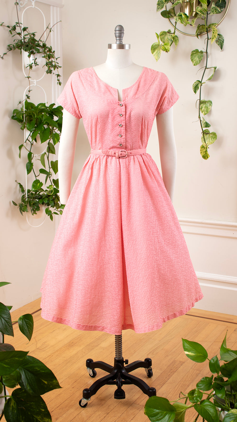 Vintage 1950s Pink Floral Print Shirt Waist Dress by Mode O'Day | LARGE