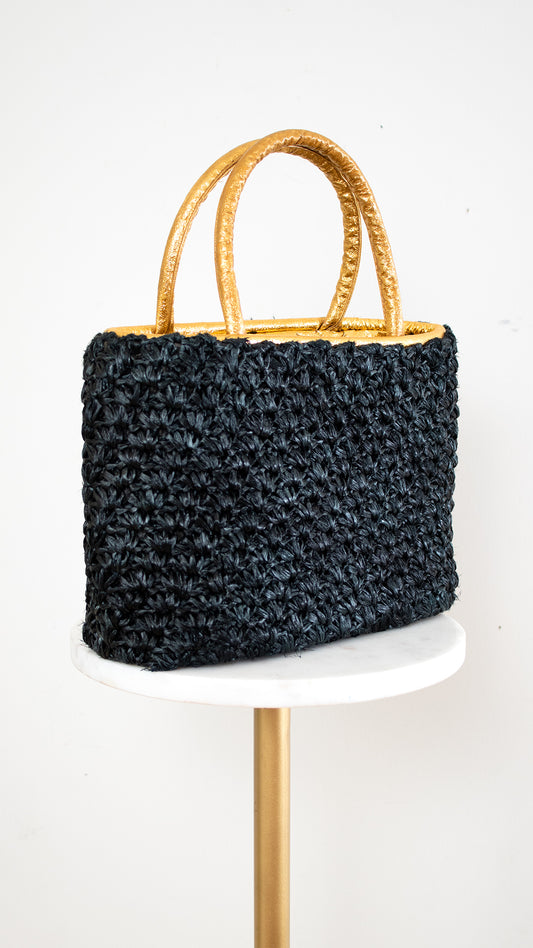 1960s Black Raffia & Gold Foil Handbag